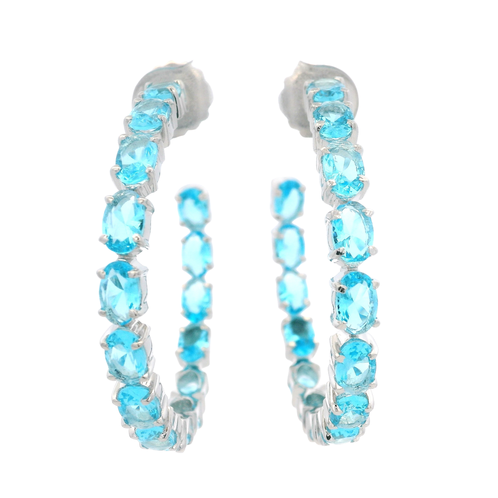 HOOP EARRINGS DOUBLE SIDED SET WITH OVAL BLUE TOPAZ RHODIUM PLATED