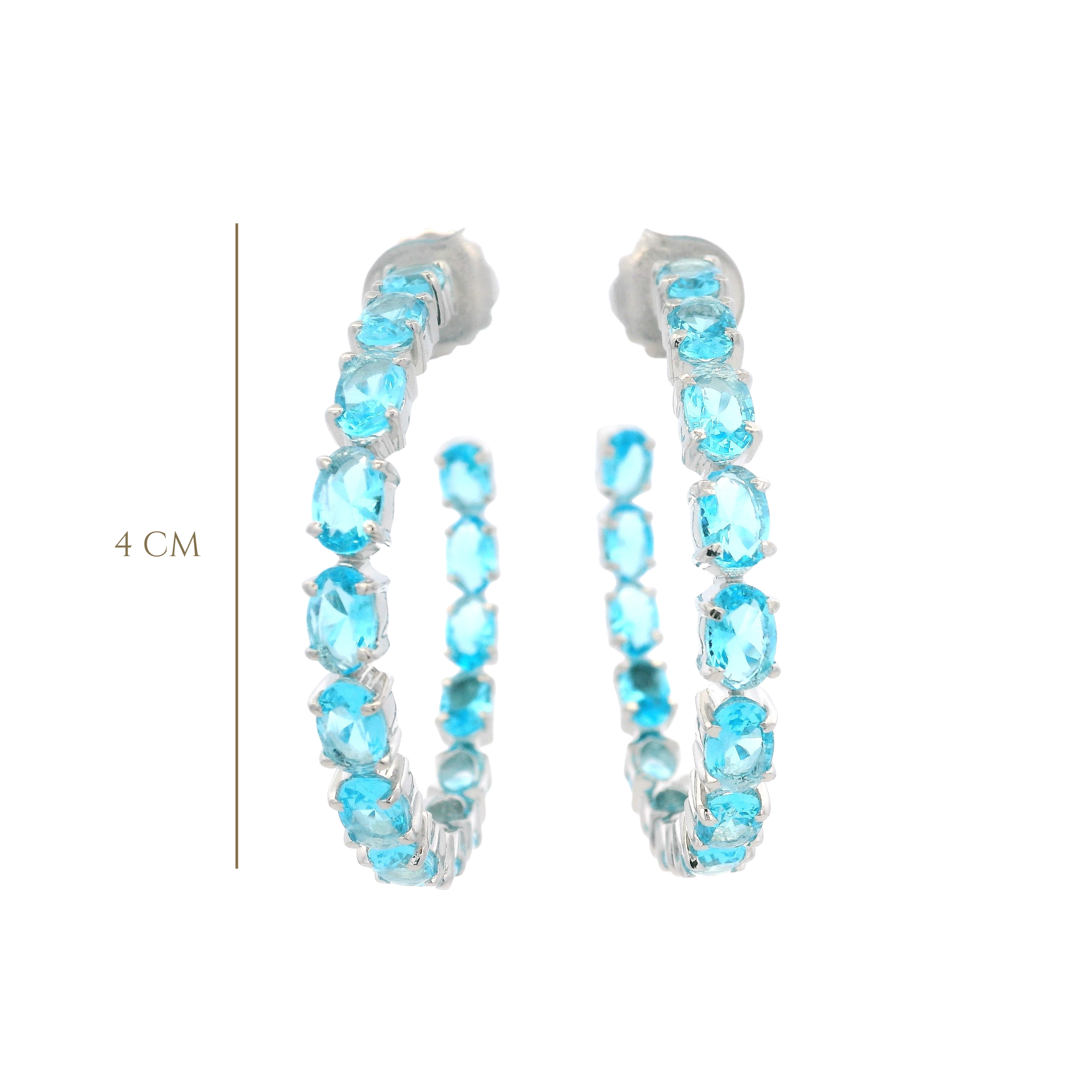 HOOP EARRINGS DOUBLE SIDED SET WITH OVAL BLUE TOPAZ RHODIUM PLATED