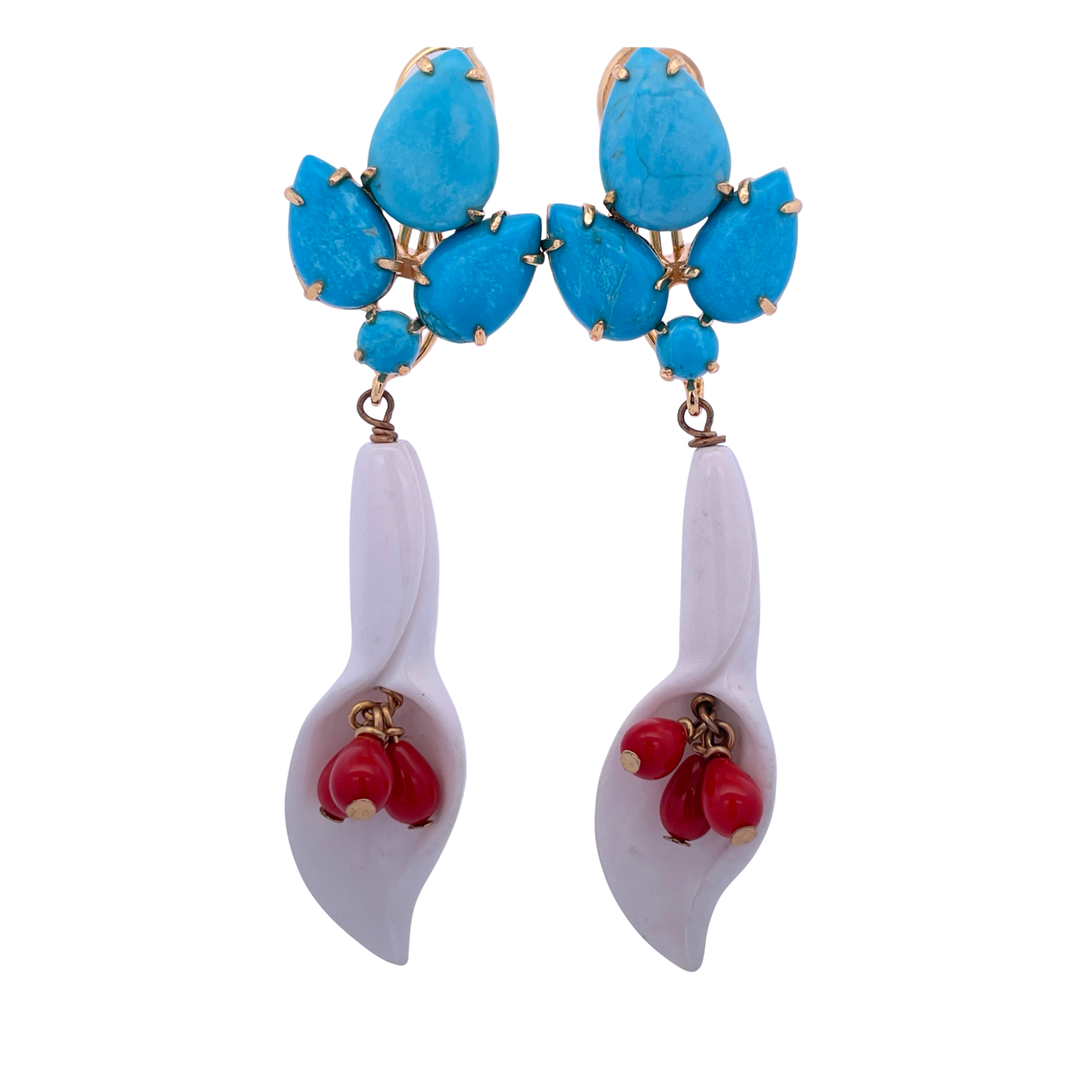 EARRINGS TURQUOISE CLUSTER WITH WHITE CALLA LILLIES WITH CORAL DROPS