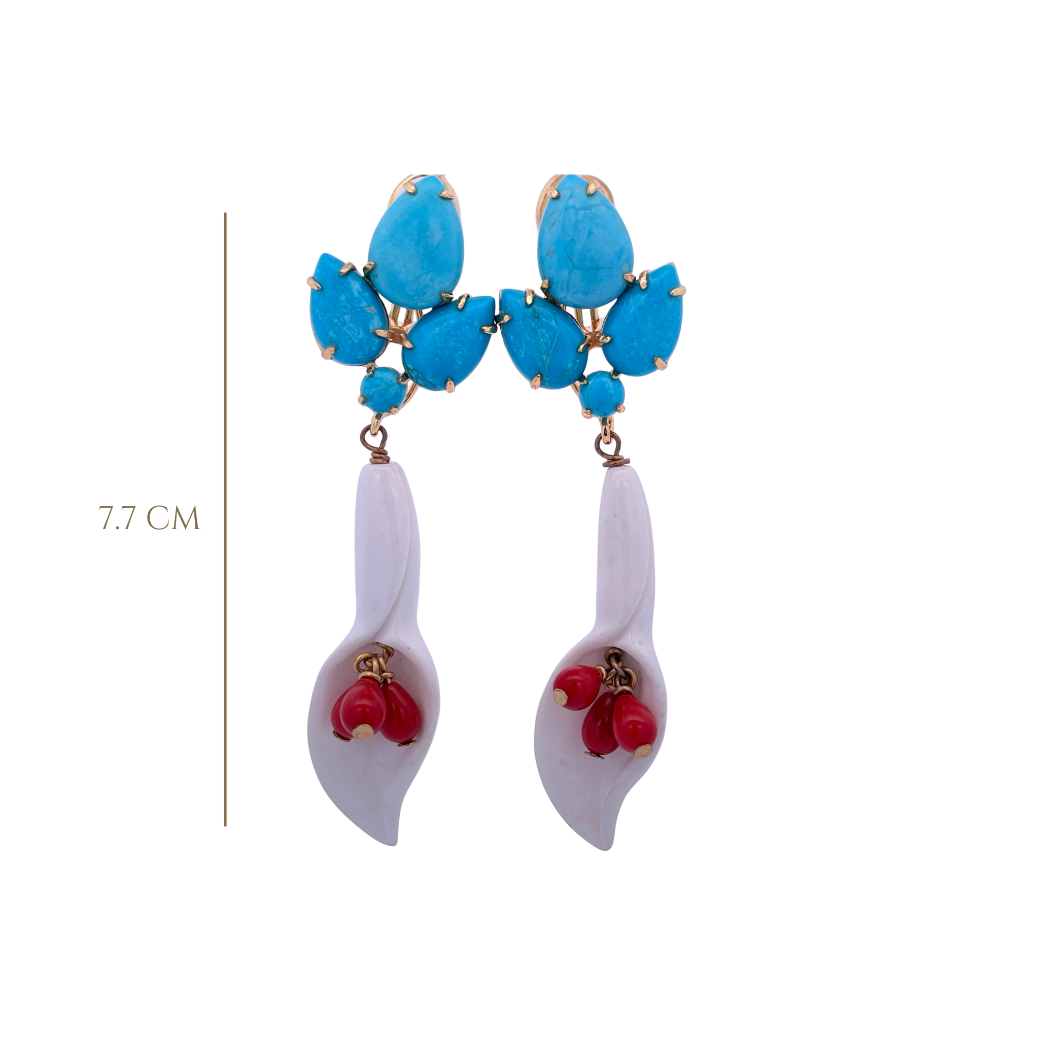 EARRINGS TURQUOISE CLUSTER WITH WHITE CALLA LILLIES WITH CORAL DROPS
