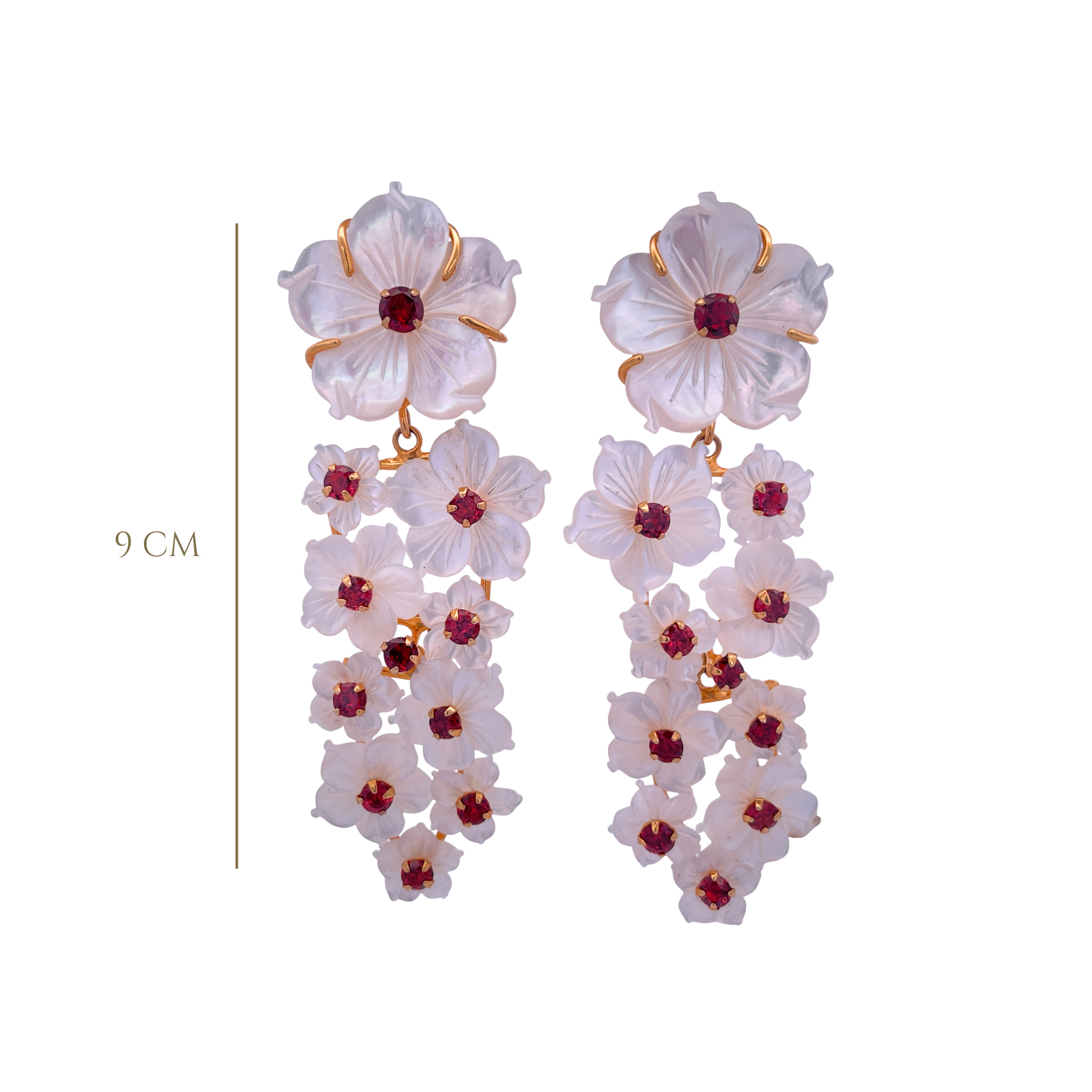 FLOWER CHANDELIER 4 IN 1 EARRINGS WITH WHAITE MOP FLOWERS SET WITH GARNET