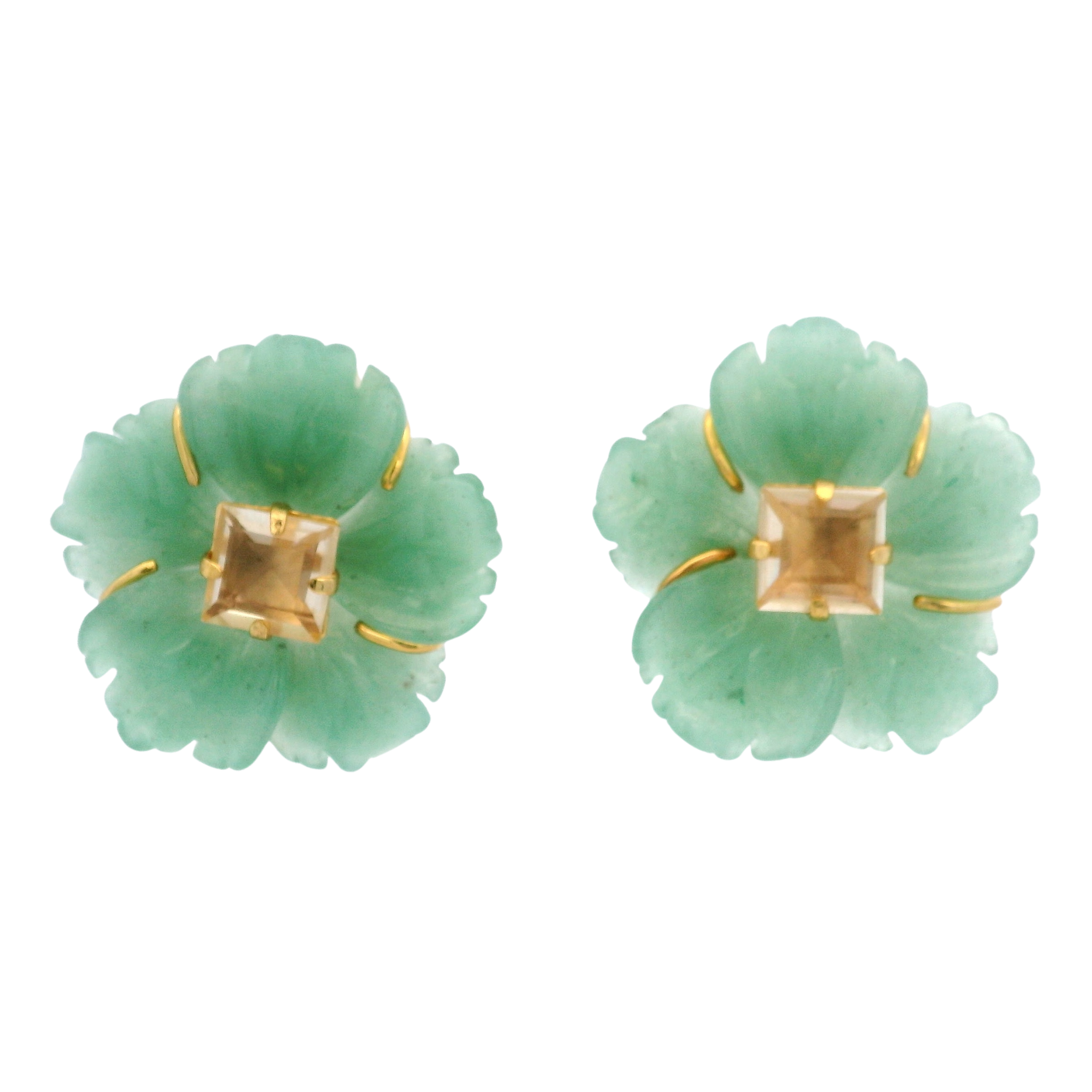 EARRINGS 30MM CARVED GREEN AVENTURINE FLOWER CENTERED WITH A SQUARE LEMON QUARTZ