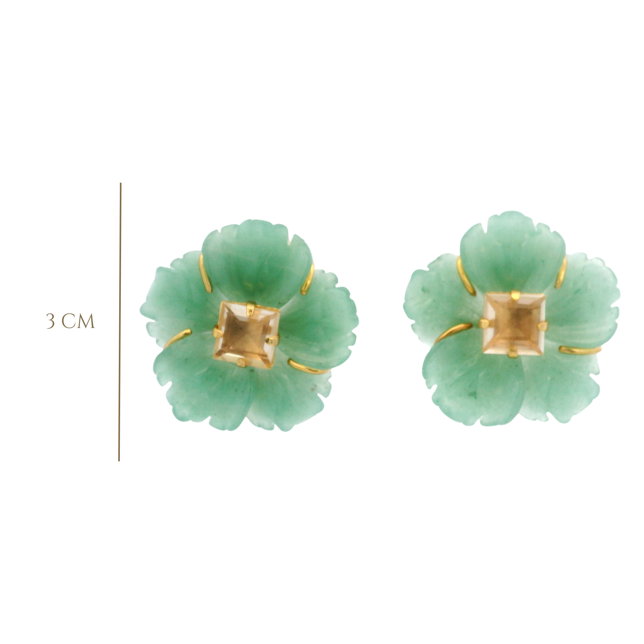 EARRINGS 30MM CARVED GREEN AVENTURINE FLOWER CENTERED WITH A SQUARE LEMON QUARTZ