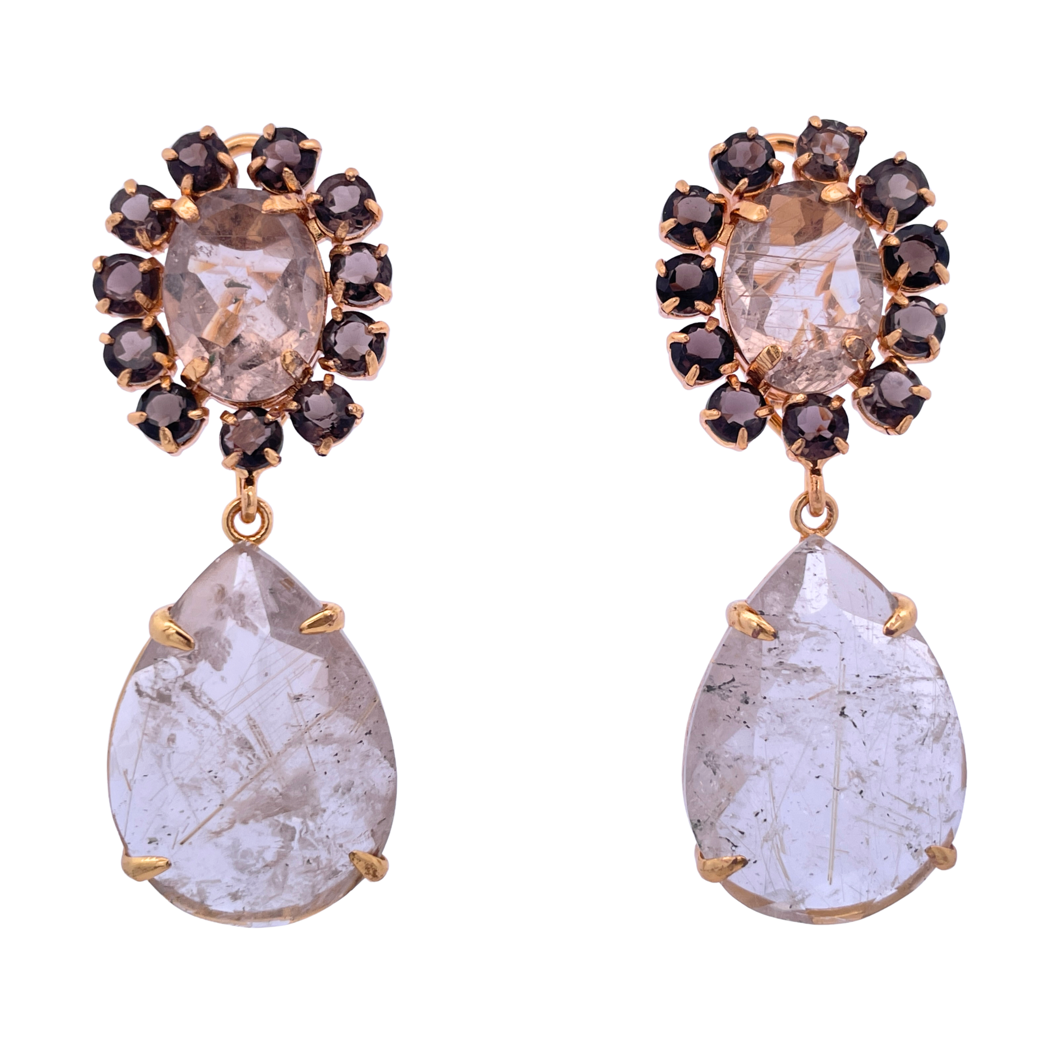 EARRINGS 14X10 OVAL CUT RUTILATED QUARTZ SURROUNDED WITH SMOKY QUARTZ & 25X18 PEAR RUTILATED QUARTZ