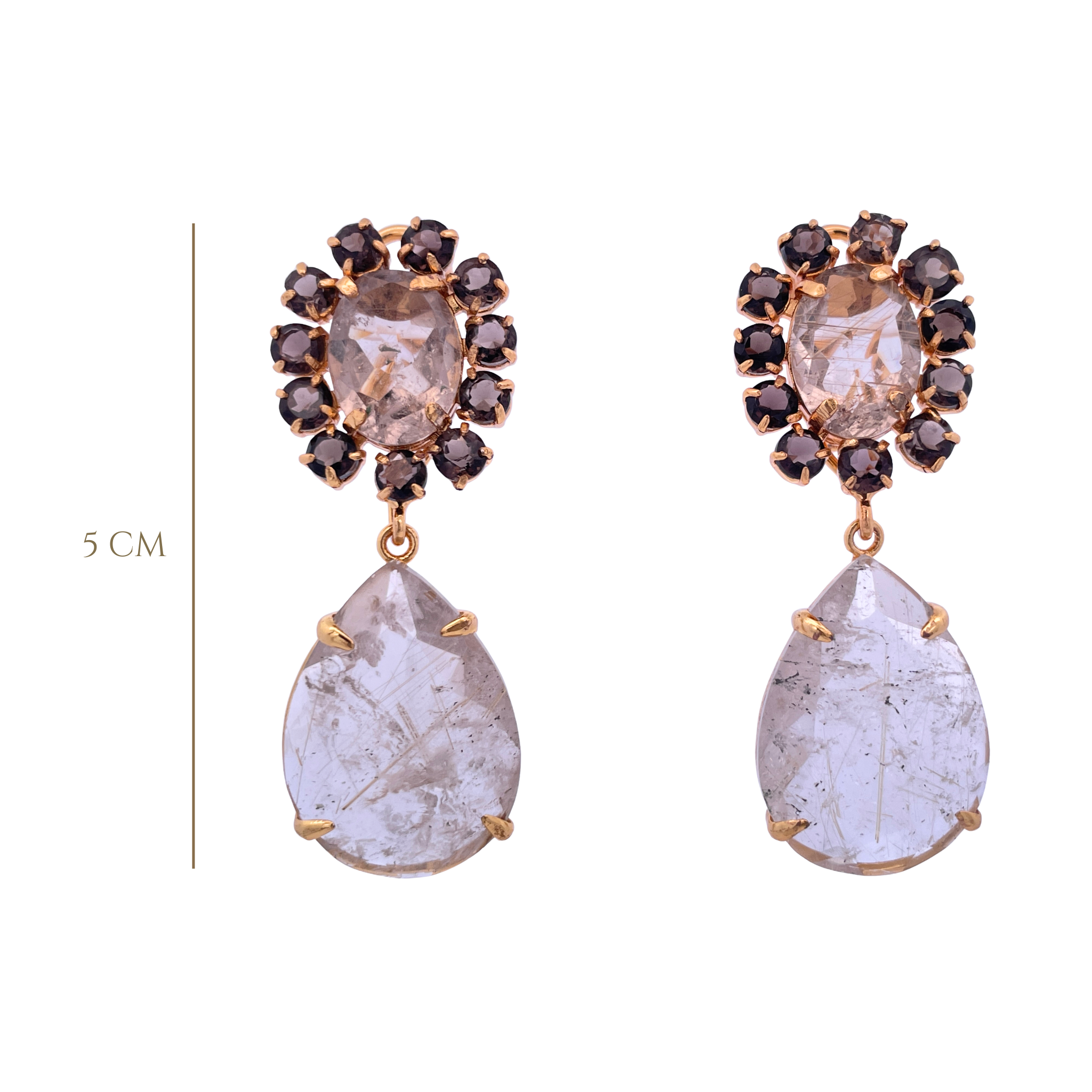 EARRINGS 14X10 OVAL CUT RUTILATED QUARTZ SURROUNDED WITH SMOKY QUARTZ & 25X18 PEAR RUTILATED QUARTZ