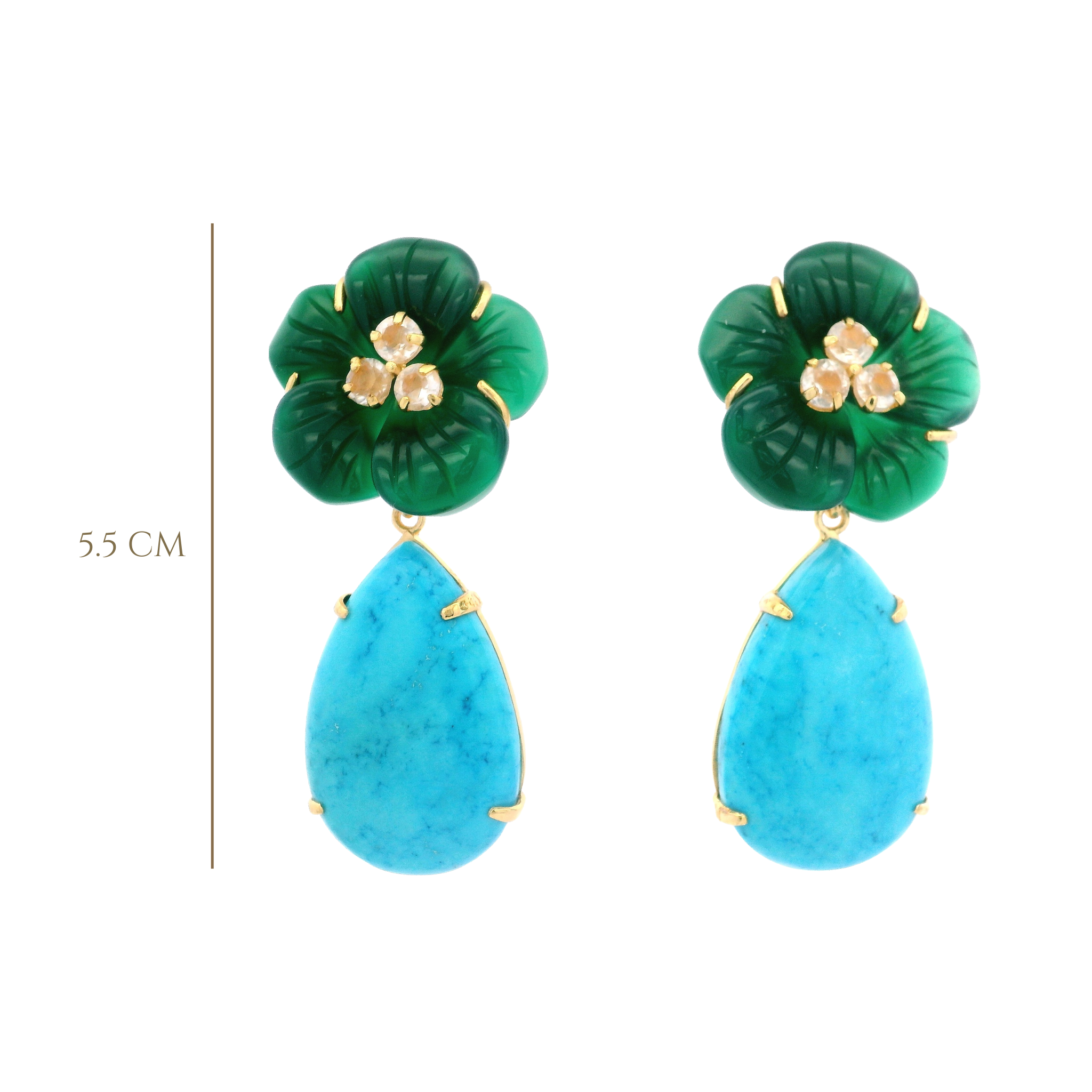 EARRINGS 28MM GREEN AGATE FLOWER AND CLEAR QUARTZ CENTER WITH 30X20 TURQUOISE DROPS