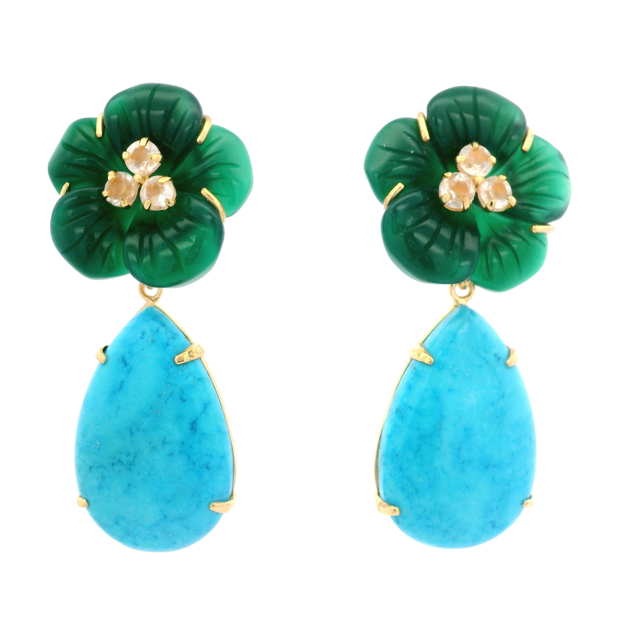 EARRINGS 28MM GREEN AGATE FLOWER AND CLEAR QUARTZ CENTER WITH 30X20 TURQUOISE DROPS