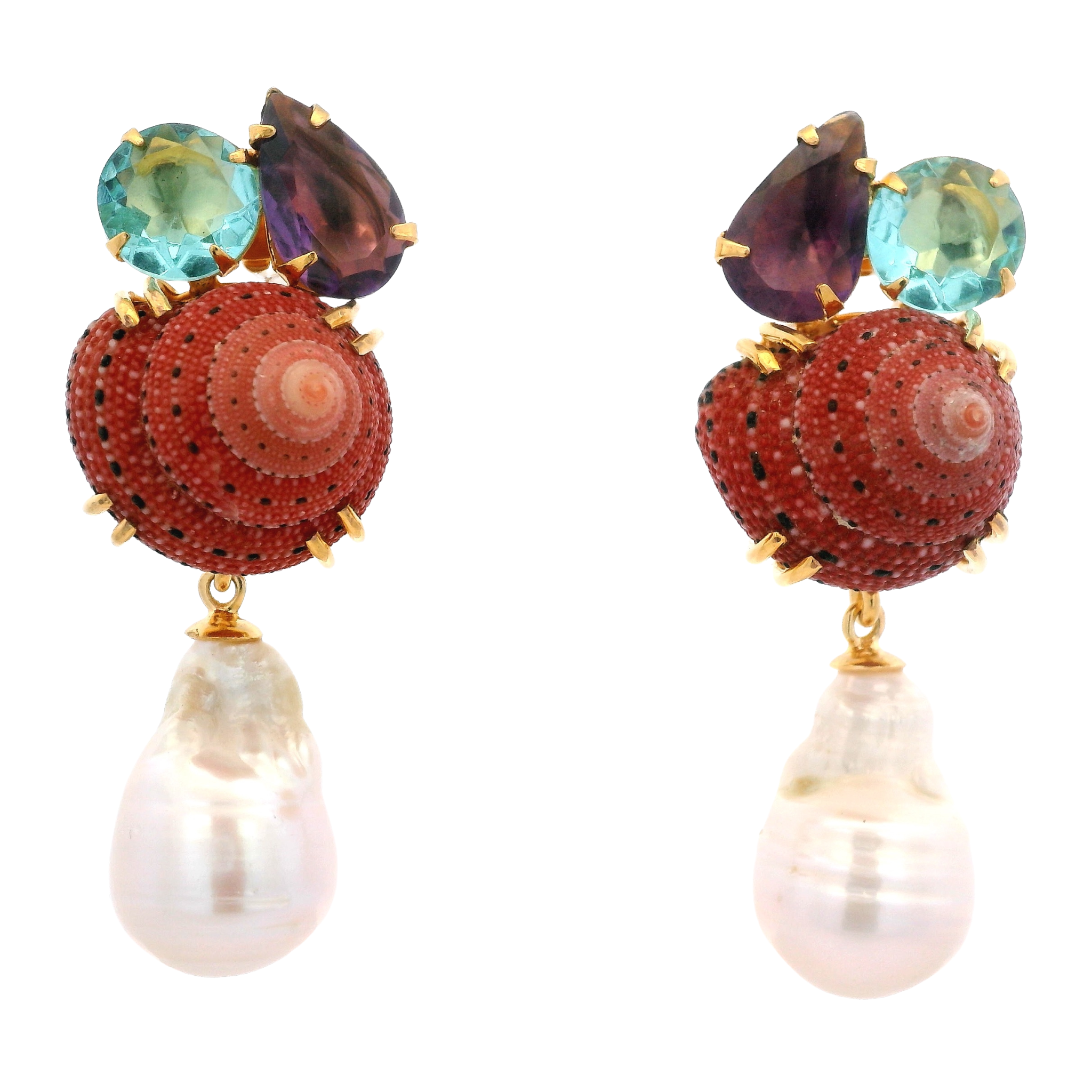 EARRINGS RED SHELL MOONSTONE AND BLUE QUARTZ CLUSTER WITH BAROQUE PEARL DROP