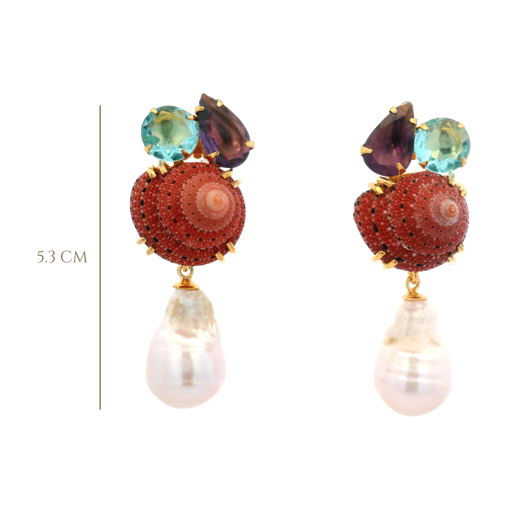 EARRINGS RED SHELL MOONSTONE AND BLUE QUARTZ CLUSTER WITH BAROQUE PEARL DROP