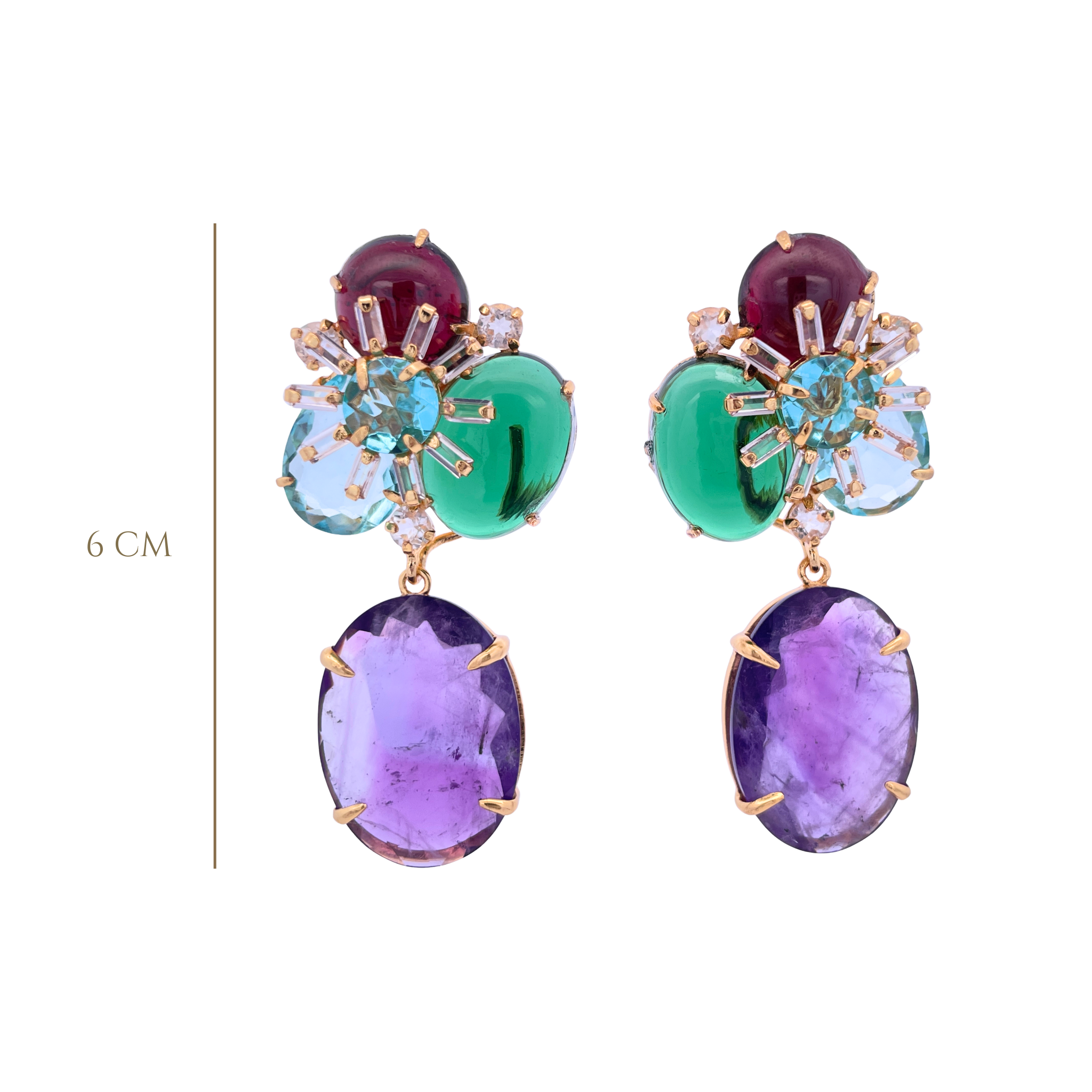 EARRINGS CLUSTER OF GARNET BLUE TOPAZ CITRINE AND GREEN QUARTZ CABOCHON WITH 30X20 PEAR SHAPE FACTED