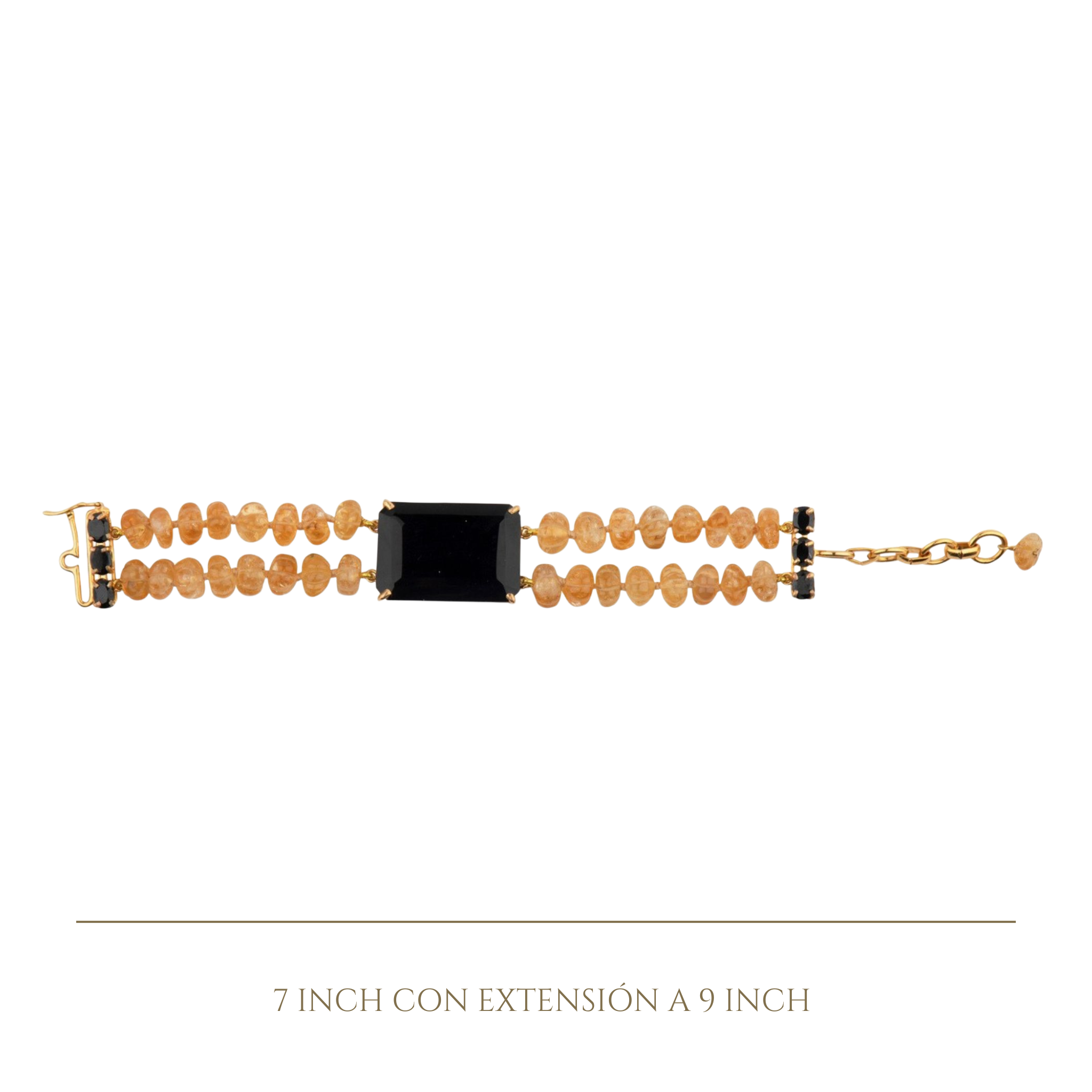 BRACELET EMERALD CUT 33X23 BLACK ONYX CENTER WITH TWO STRANDS OF CARVED CITRINE MELONS ON THE SIDES