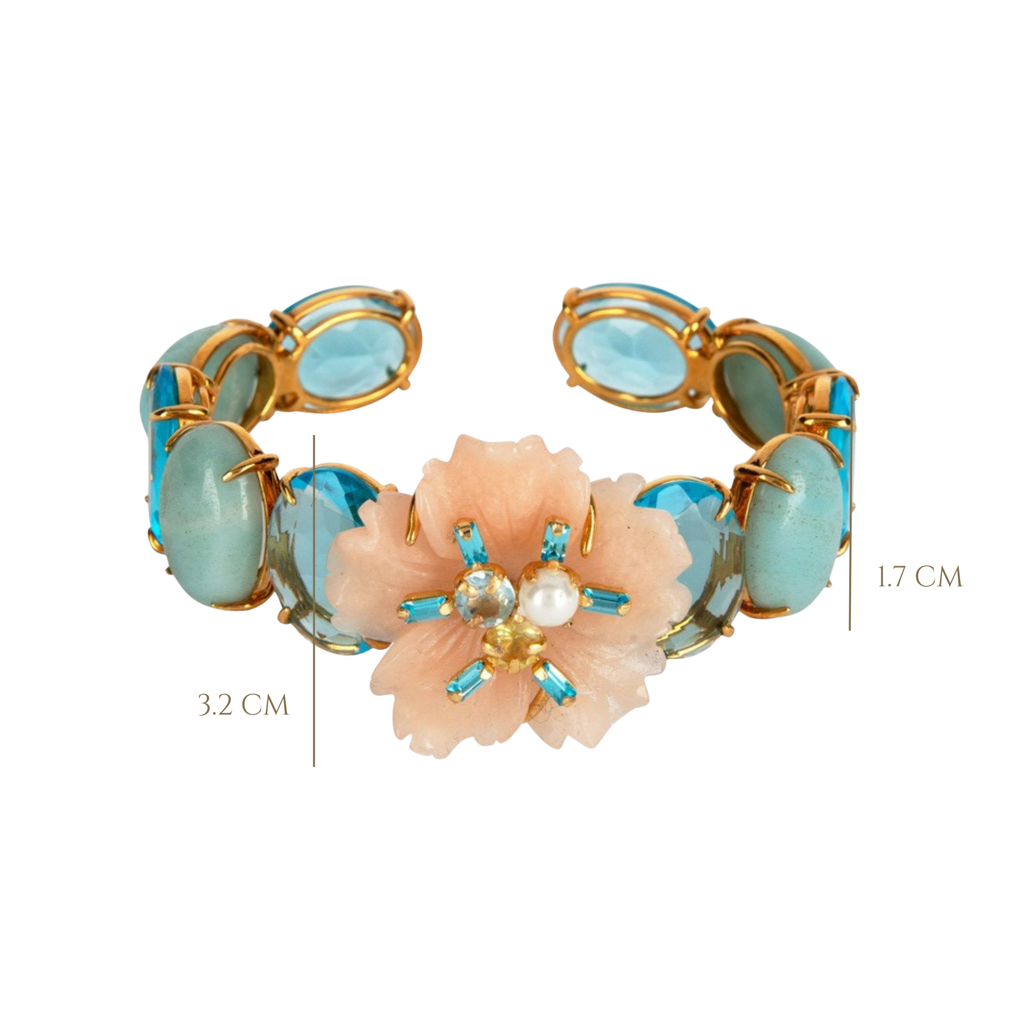 CUFF HINGED SET WITH PEACH QUARTZ FLOWER PEARL BLUE TOPAZ CENTER OVAL AMAZONITE AND BLUE QUARTZ SIDE