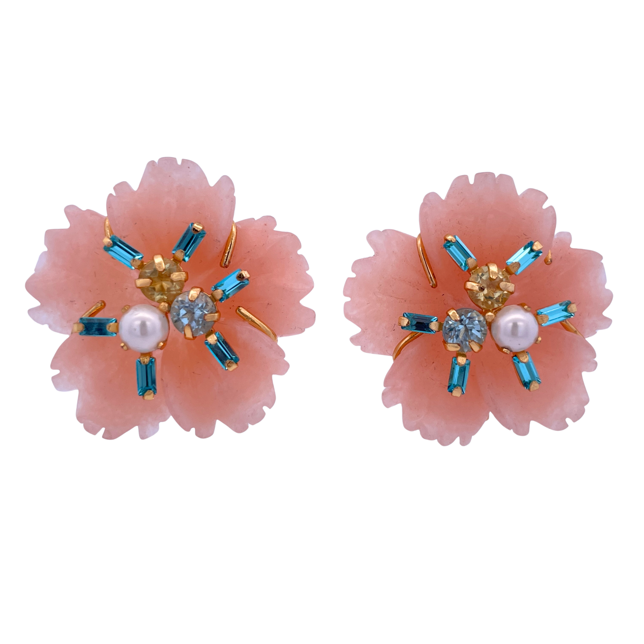 EARRINGS PEACH QUARTZ CARVED FLOWER SET WITH PEARL LEMON QUART AND BLUE TOPAZ WITH CZ BAGUETTES