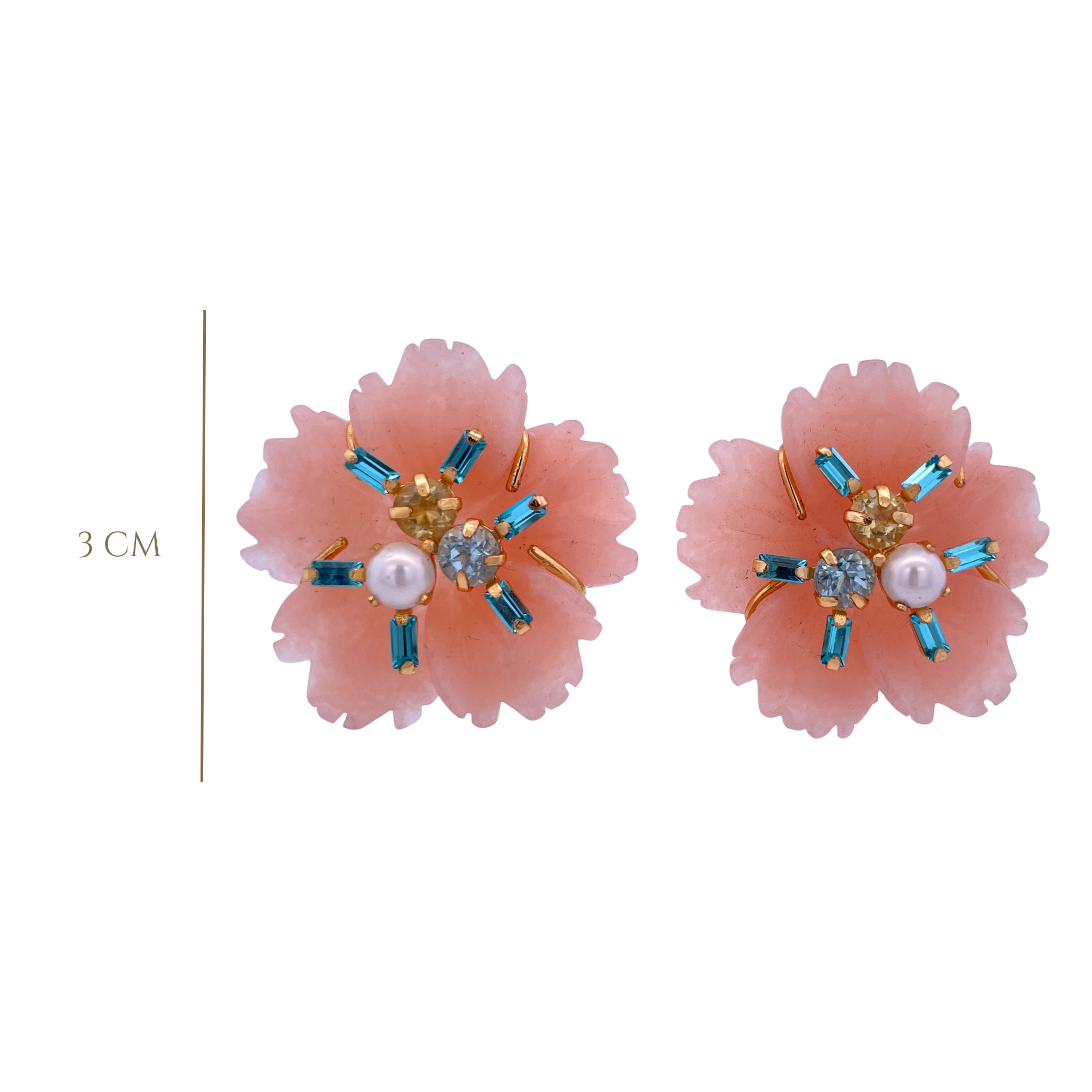EARRINGS PEACH QUARTZ CARVED FLOWER SET WITH PEARL LEMON QUART AND BLUE TOPAZ WITH CZ BAGUETTES