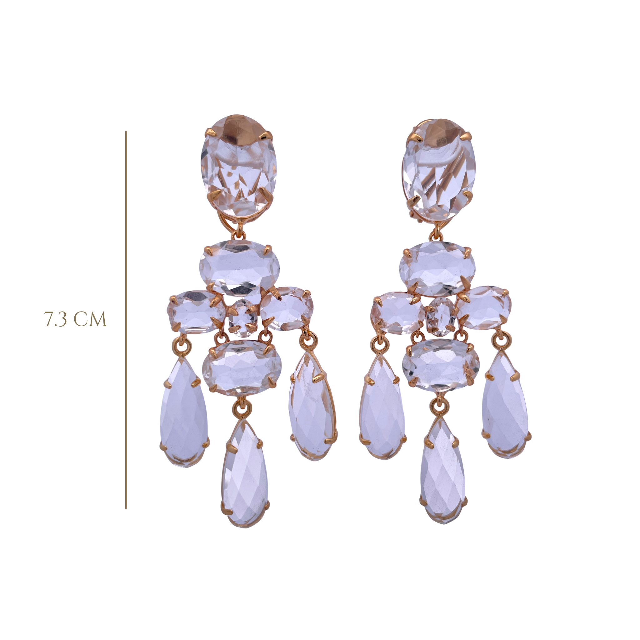 EARRINGS OVAL 18X13 TOP WITH CLUSTER OF OVALS AND THREE DROPS 26X8 ALL CLEAR QUARTZ