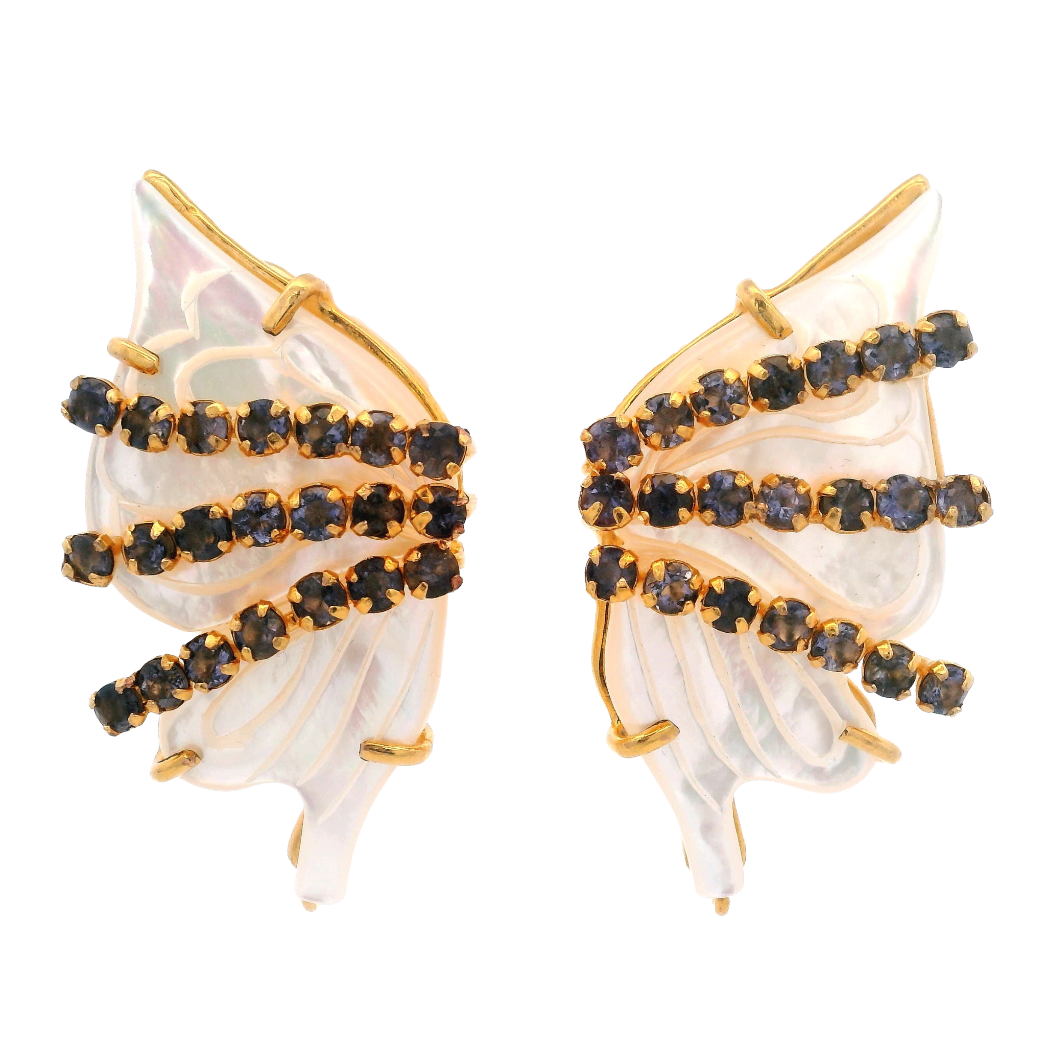 EARRINGS WHITE MOTHER PEARL BUTTERFLY SHAPE SET WITH IOLITE