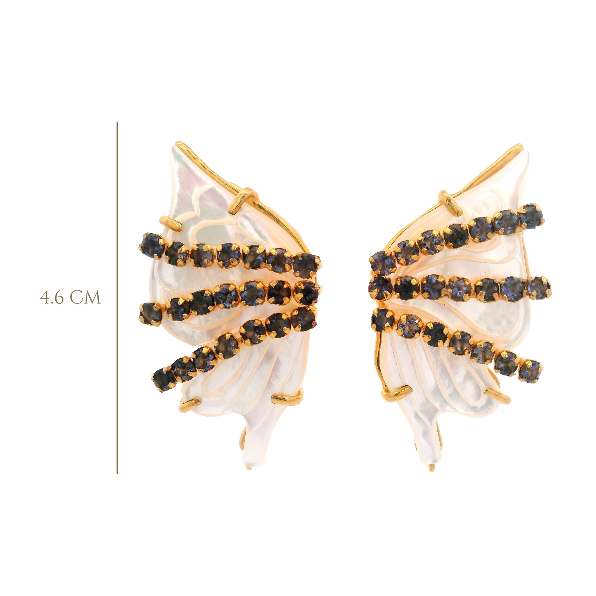 EARRINGS WHITE MOTHER PEARL BUTTERFLY SHAPE SET WITH IOLITE