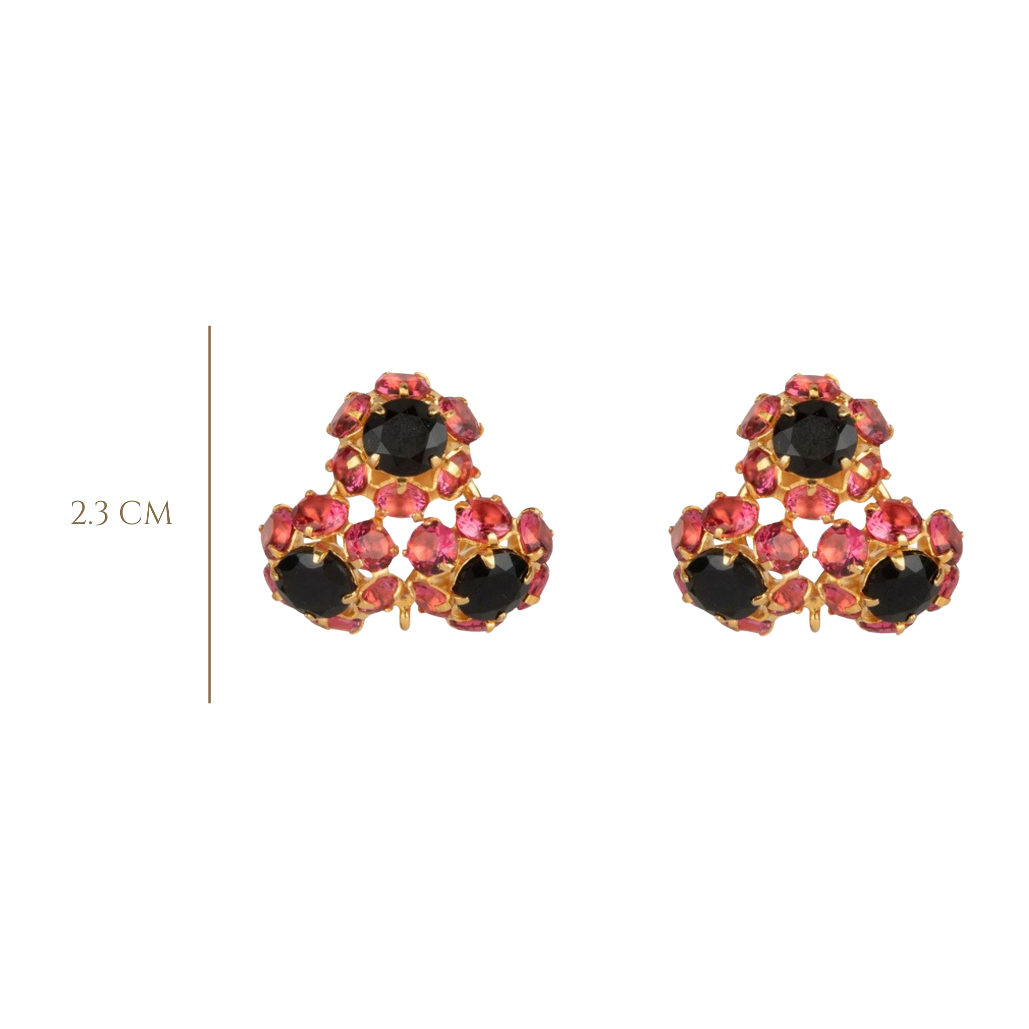 EARRINGS CLUSTER OF THREE METAL FLOWERS SET WITH FUCHSIA CZ AND BLACK ONYX