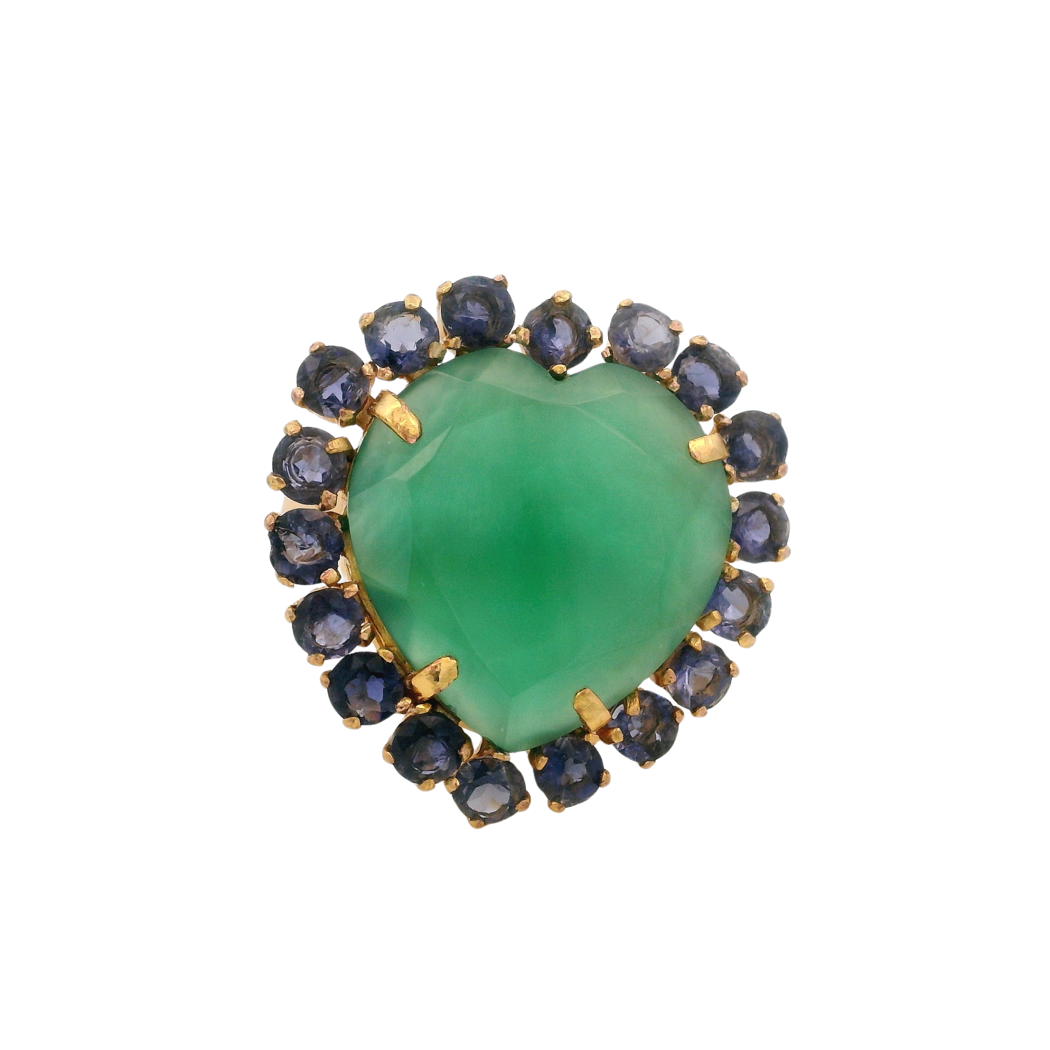 RING HEART SHAPED FACETED GREEN ONYX SURROUNDED WITH 3MM IOLITES