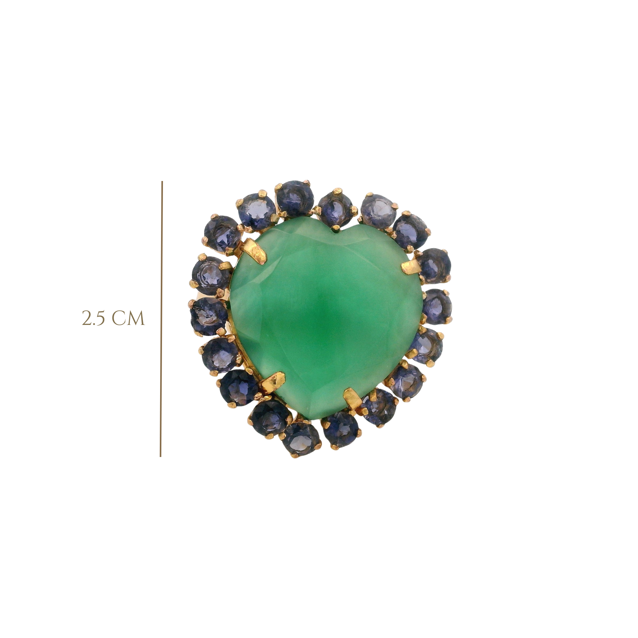 RING HEART SHAPED FACETED GREEN ONYX SURROUNDED WITH 3MM IOLITES