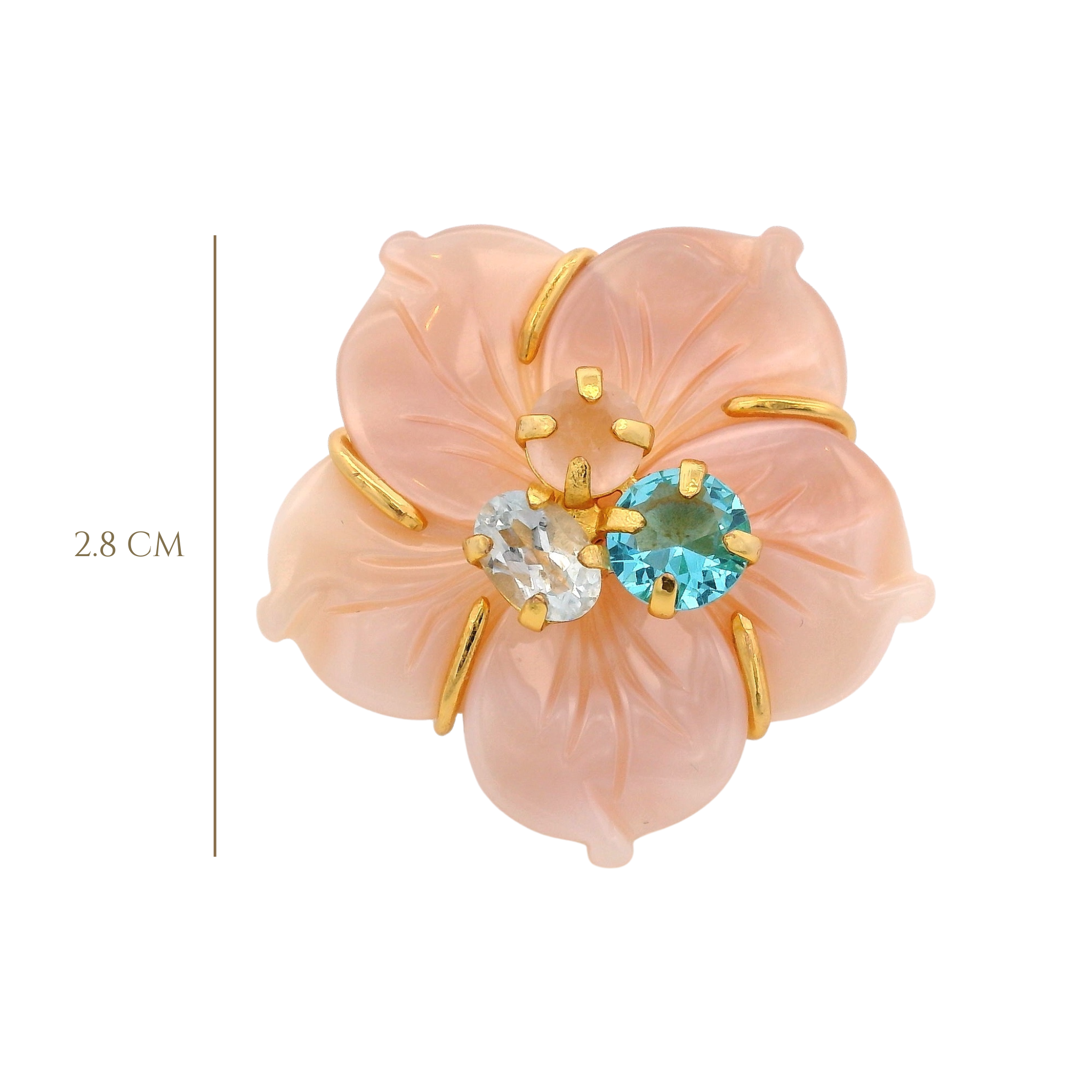 RING CARVED PINK MOTHER OF PEARL FLOWER SET WITH BLUE TOPAZ AQUAMARINE AND ROSE QUARTZ