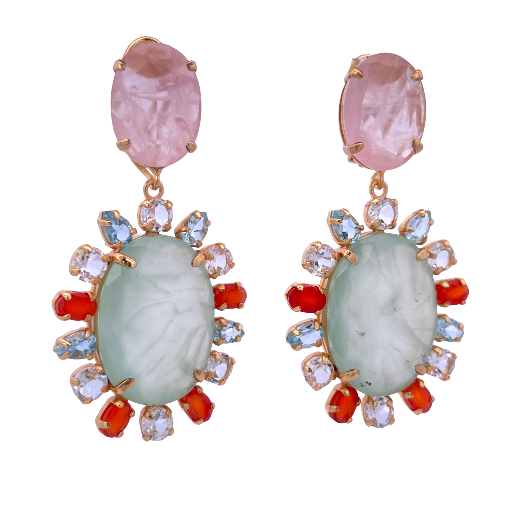 EARRINGS ROSE QUARTZ PREHNITE DROP SURROUNED WITH BLUE TOPAZ CANRELIAN AND ROSE QUARTZ