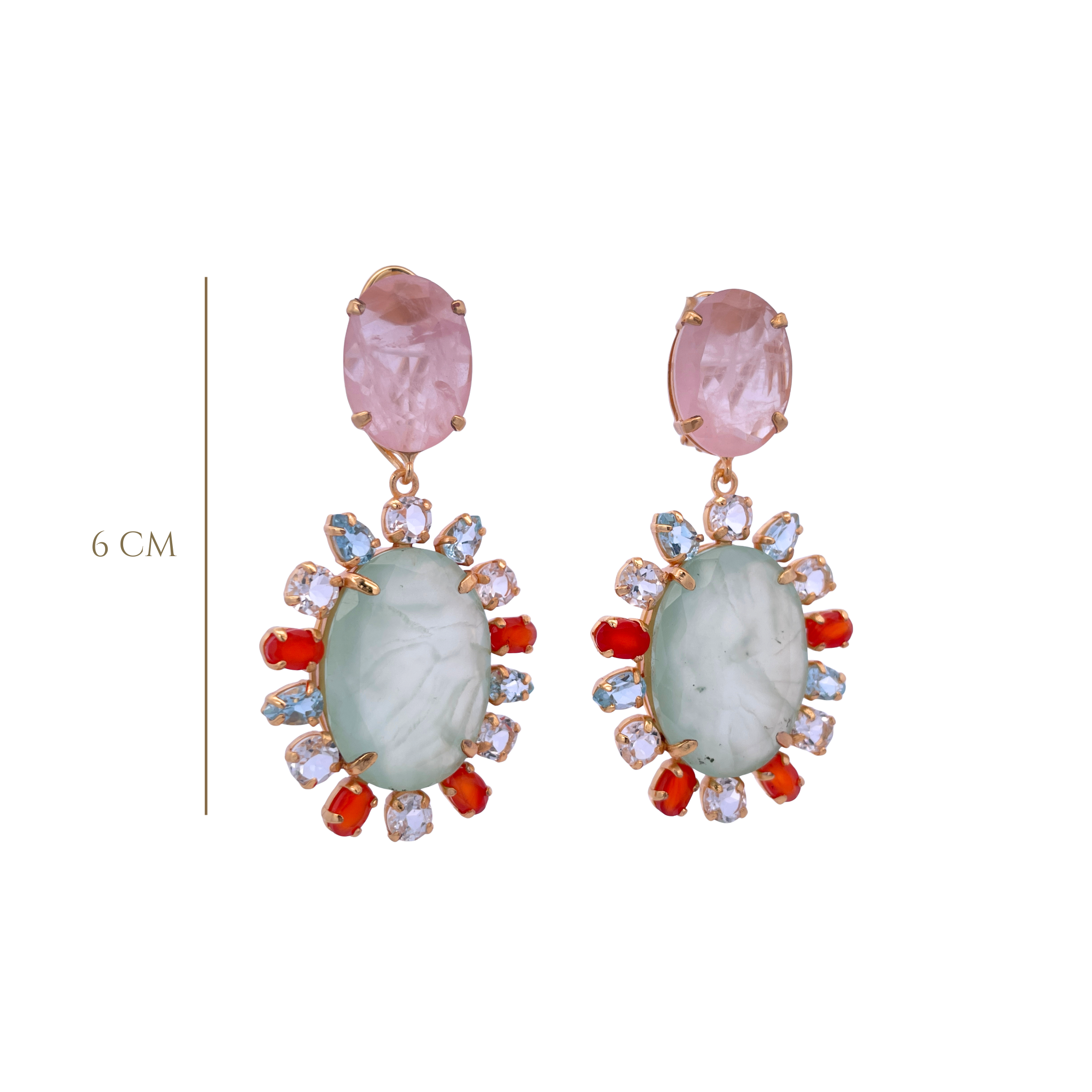 EARRINGS ROSE QUARTZ PREHNITE DROP SURROUNED WITH BLUE TOPAZ CANRELIAN AND ROSE QUARTZ