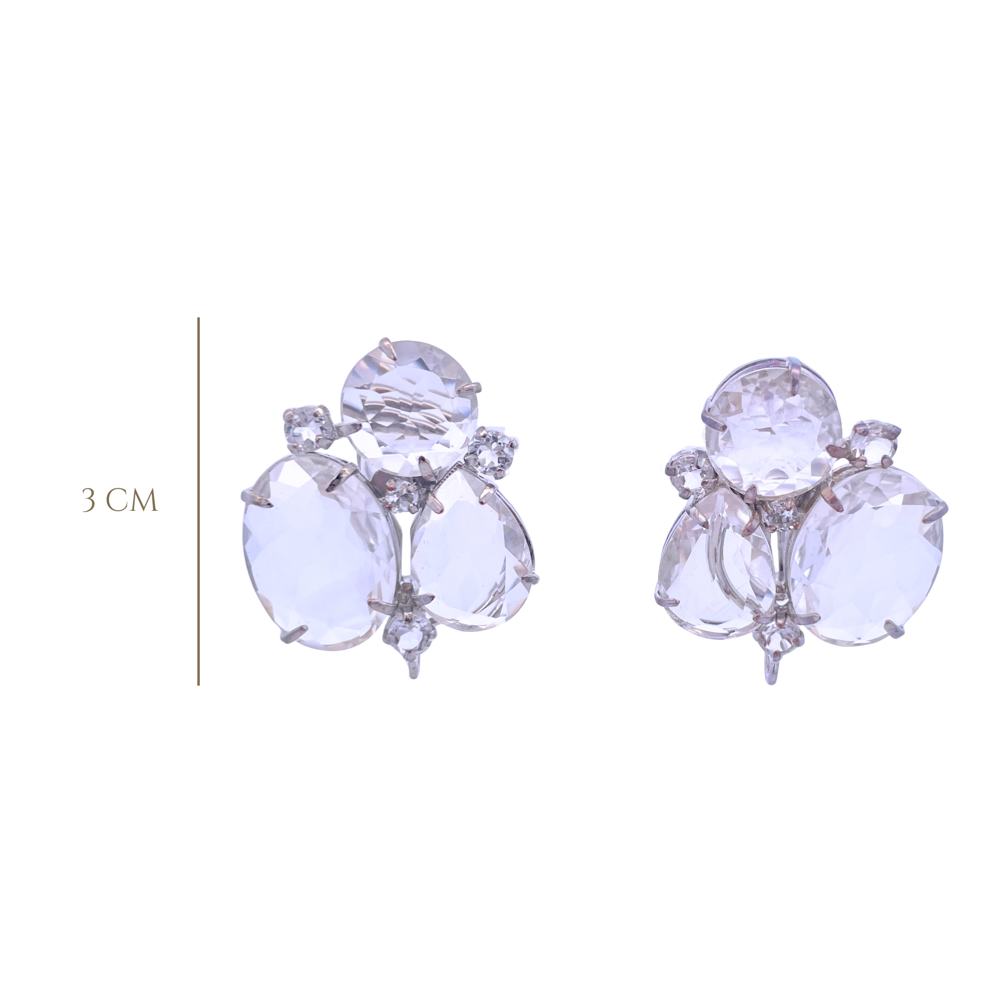 EARRINGS CLUSTER OF MULTI SHAPES OF CLEAR QUARTZ SET WITH RHODIUM PLATED