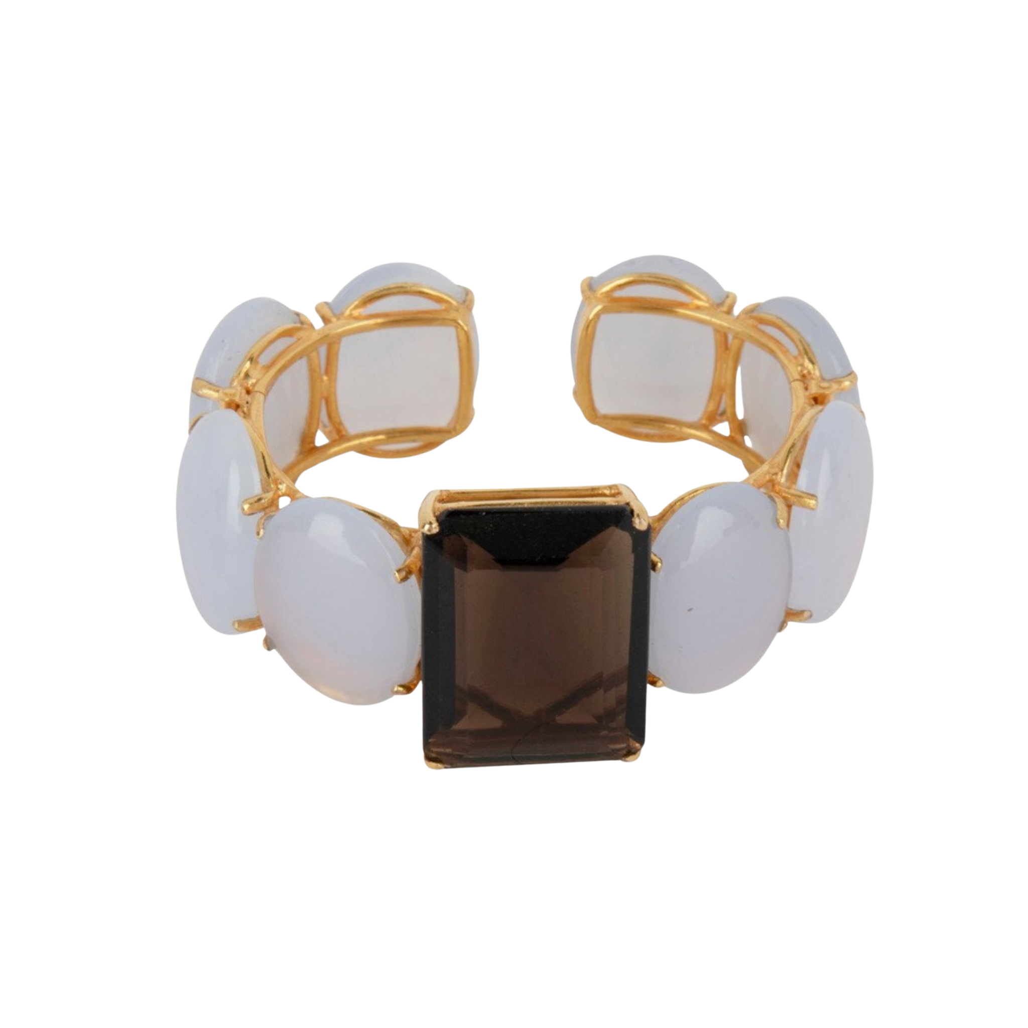 CUFF HINGED SET WITH 26X19 OVAL CHALCEDONY CABOCHONS AND EMERALD CUT 33X23 SMOKY QUARTZ CENTER