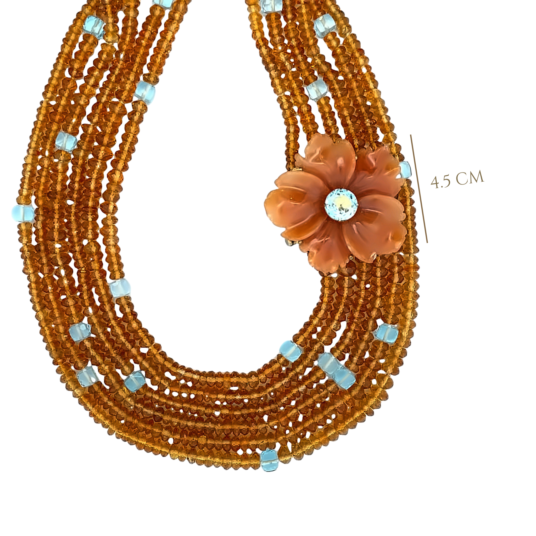 LONG NECKLACE OF 6 STRANDS OF CITRINE RONDELLES WITH BLUE TOPAZ AND REMOVABLE CARVED RED A