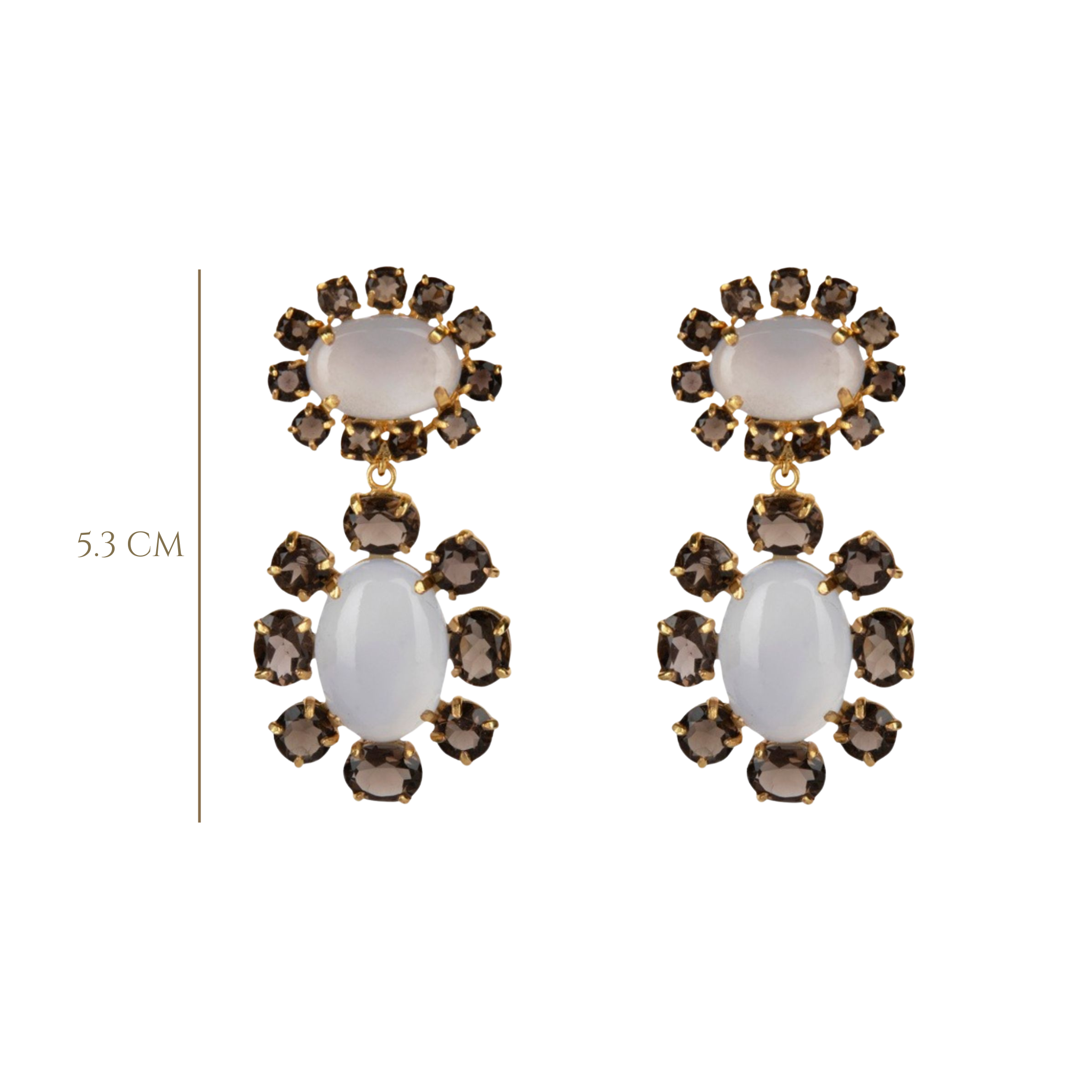 EARRINGS OVAL CHALCEDONY CABOCHON TOP AND DROP SURROUNDED WITH SMOKY QUARTZ OVALS AND ROUNDS