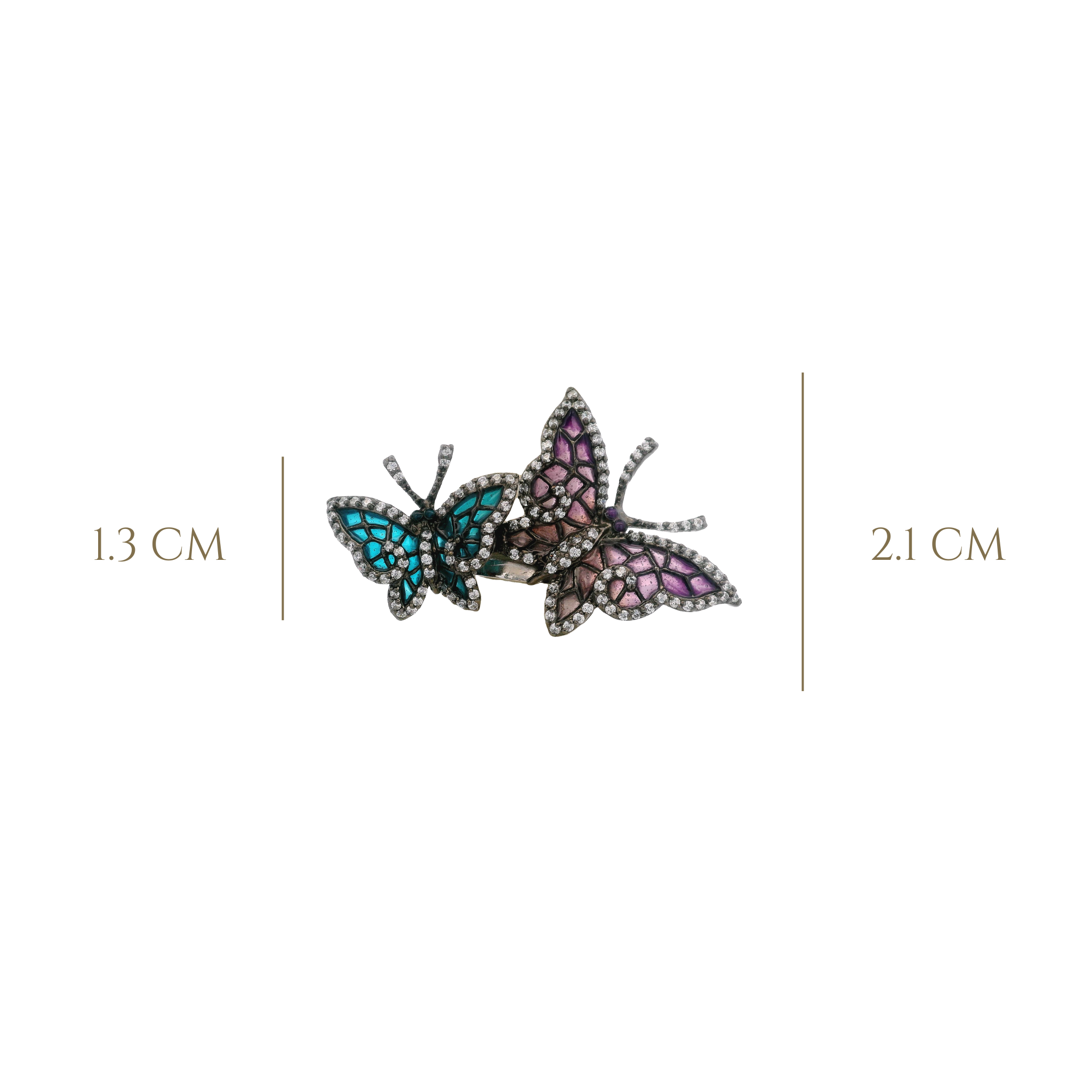 925SL DOUBLE BUTTERFLY AQUA AND PURPLE CZ RING T8