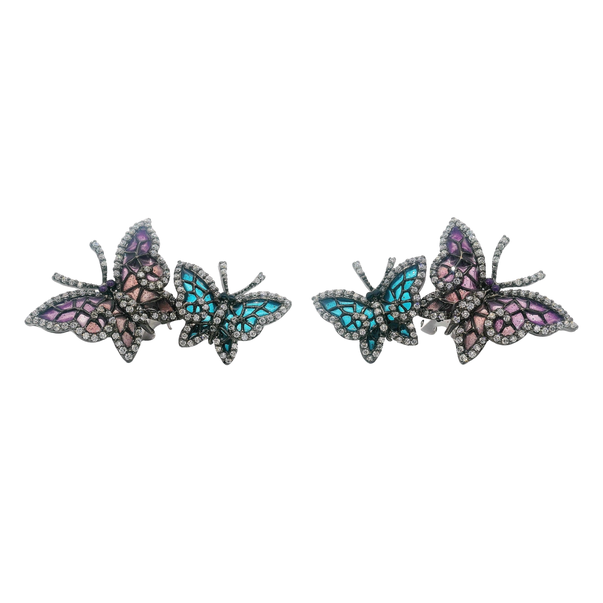 925SL DOUBLE BUTTERFLY AQUA AND PURPLE CZ EARRINGS