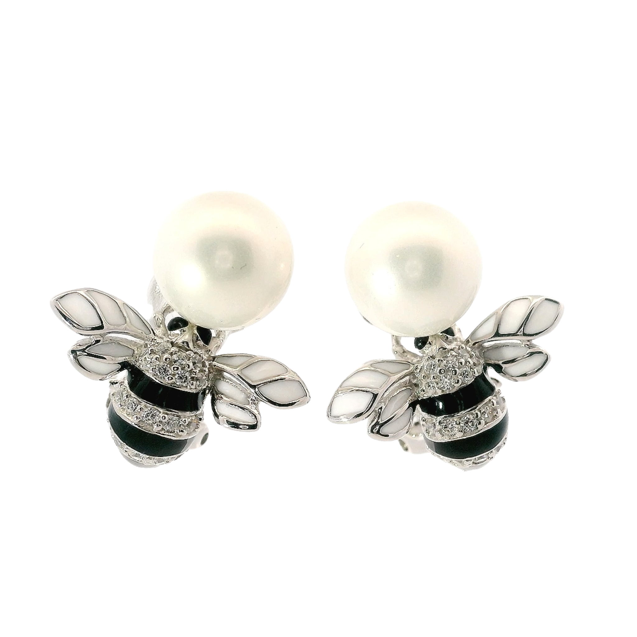 925SL BEE ENAMEL BLACK WITH WHITE AND PERL EARRINGS