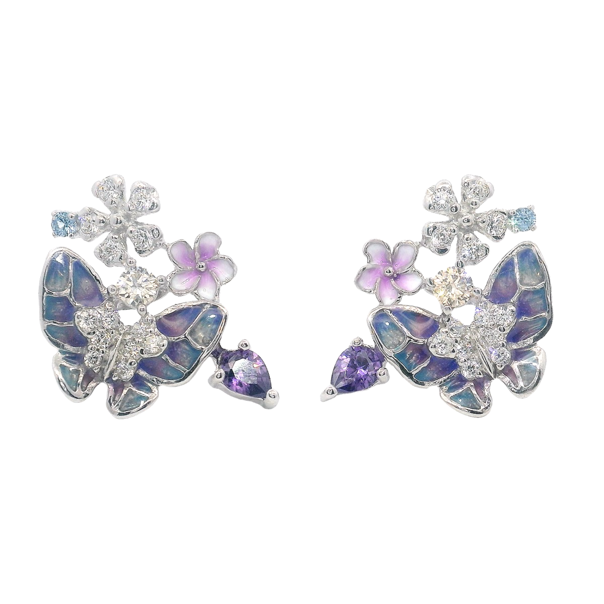 925SL BUTTERFLY ENMAEL PURPLE WITH BLUE AND MINI FLOWERS EARRINGS