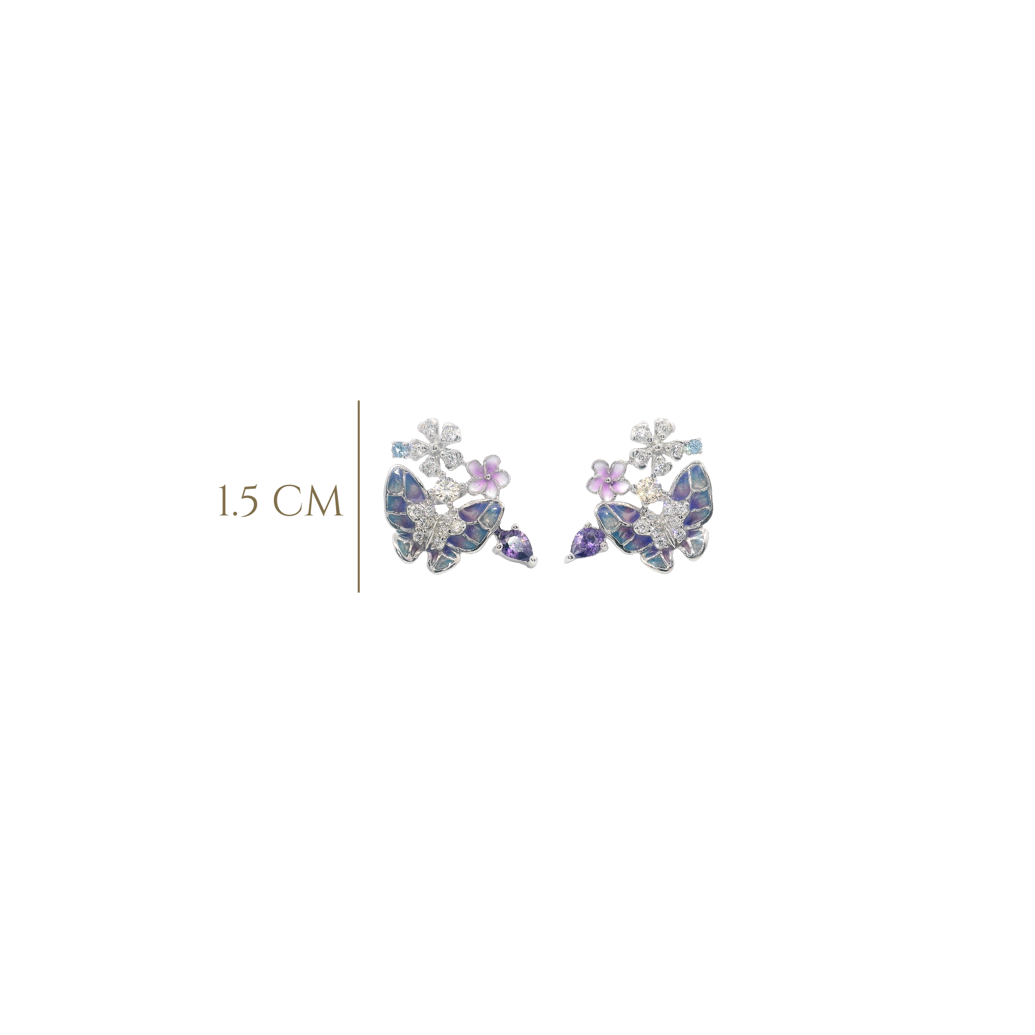 925SL BUTTERFLY ENMAEL PURPLE WITH BLUE AND MINI FLOWERS EARRINGS