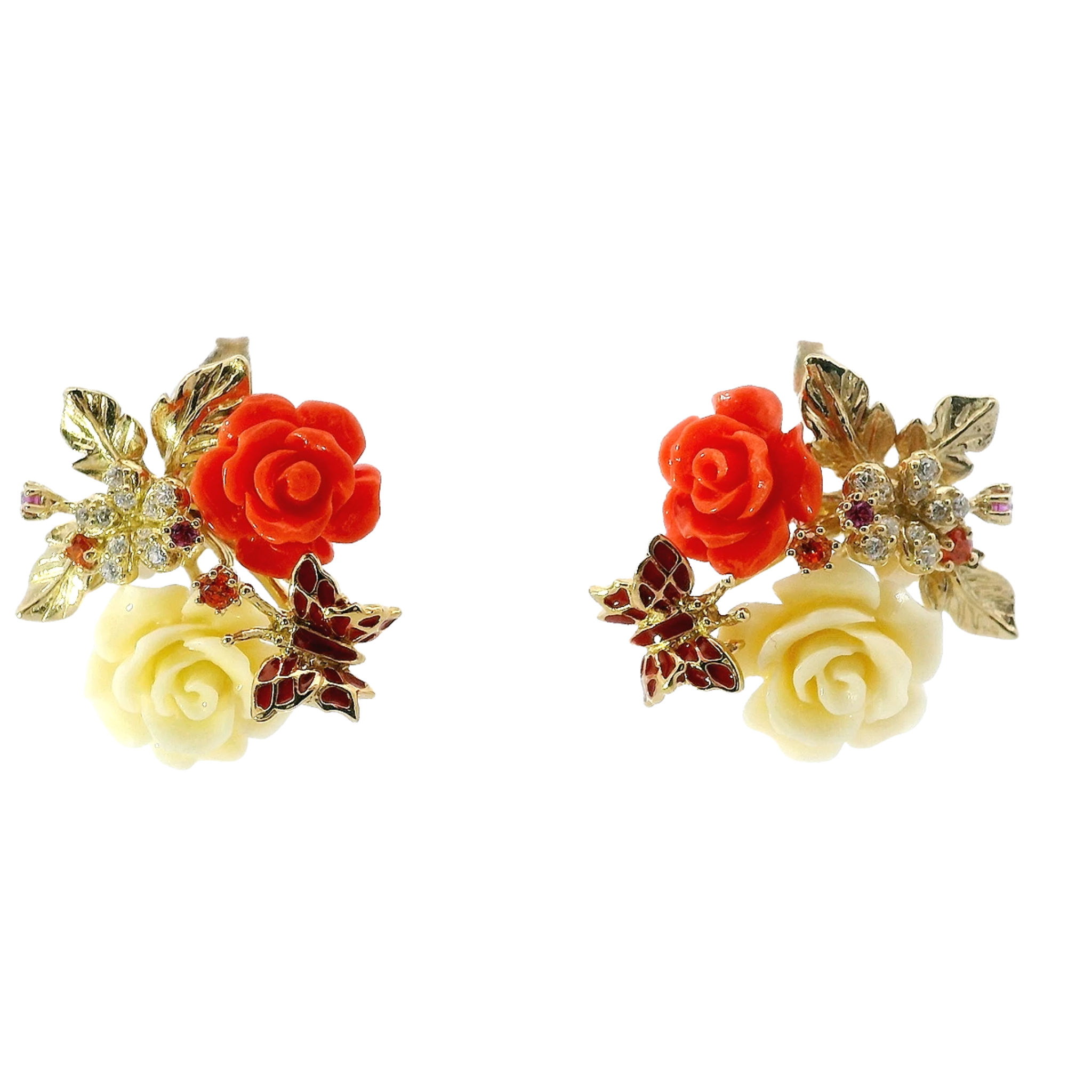 925YG TRIPLE FLOWER AND BUTTERFLY ENAMEL PINK EARRINGS