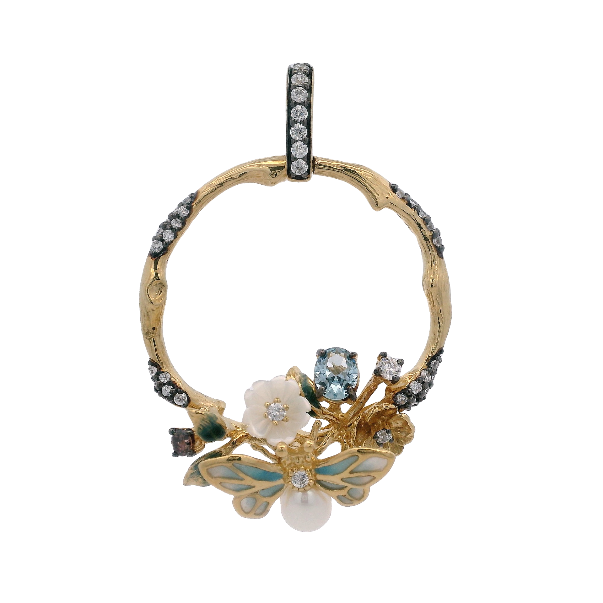925YG CIRCLE BEE PEARL ENAMEL SKY BLUE AND MINI FLOWERS PENDANT