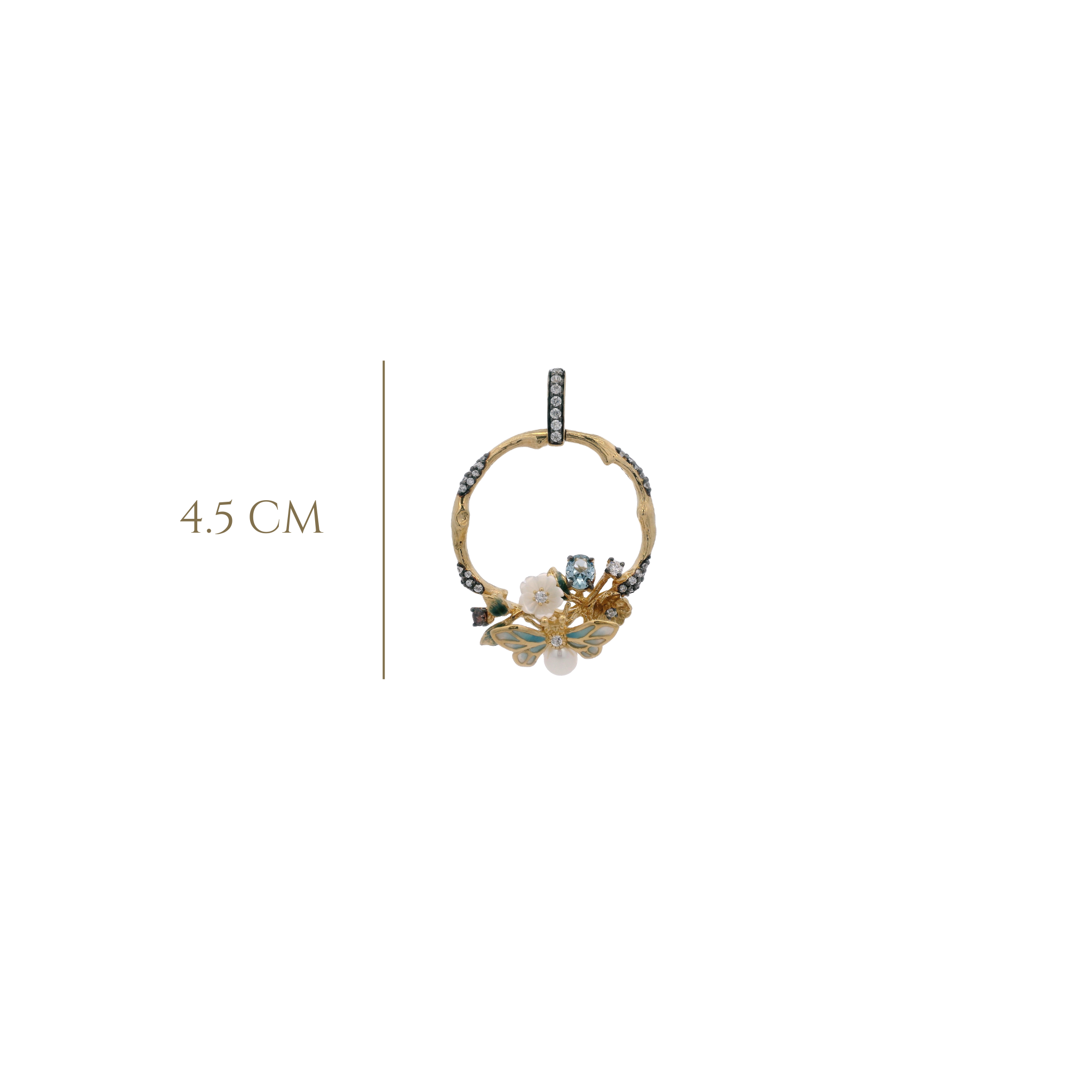 925YG CIRCLE BEE PEARL ENAMEL SKY BLUE AND MINI FLOWERS PENDANT