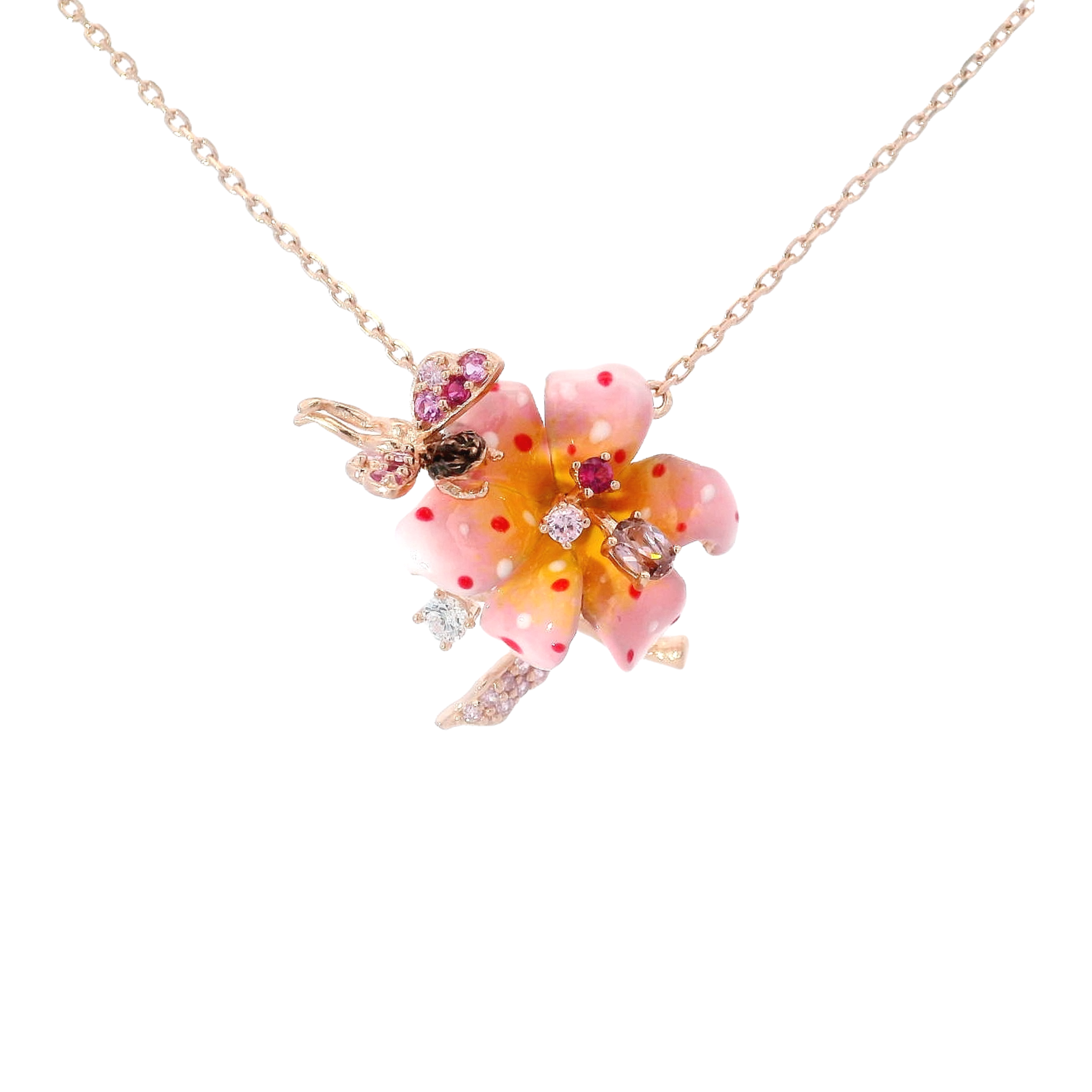 925YG FLOWER PINK AND FAIRY CZ NECKLACE