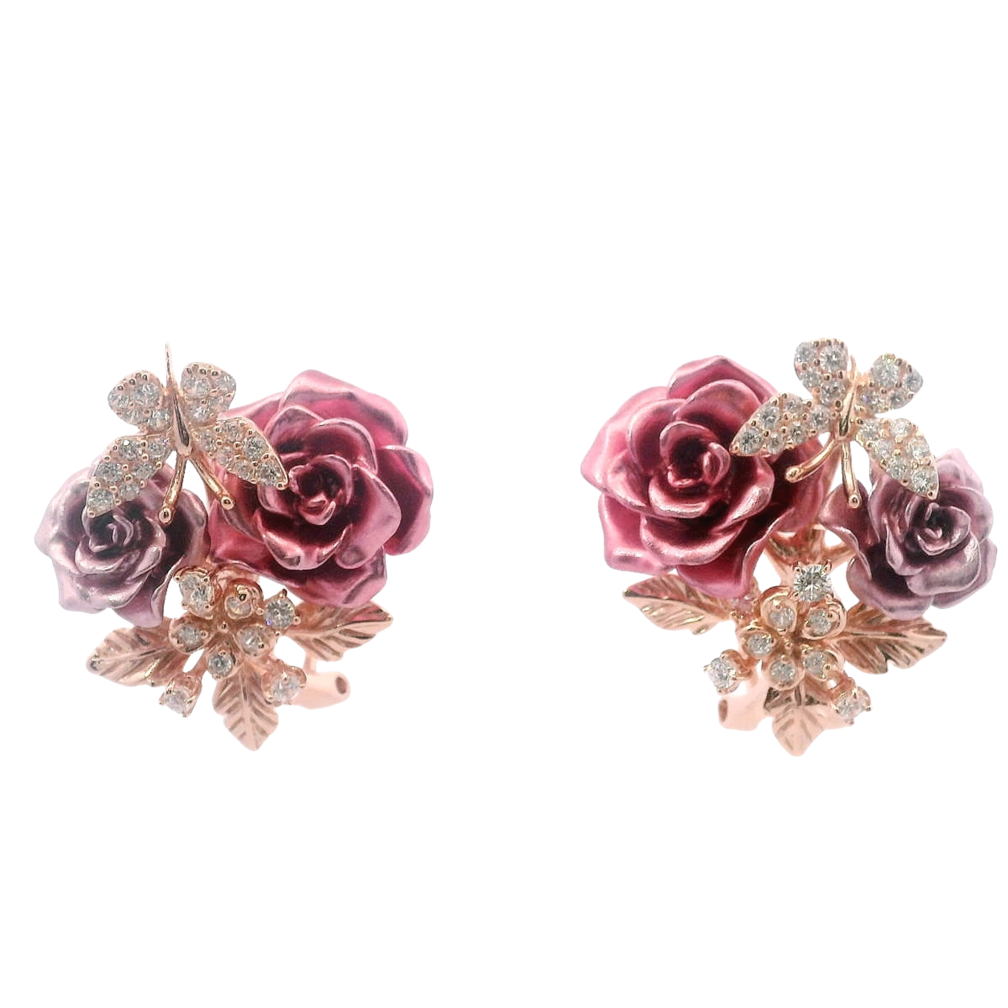 925RG DOUBLE FLOWER PINK AND BUTTERFLY PAVE EARRINGS