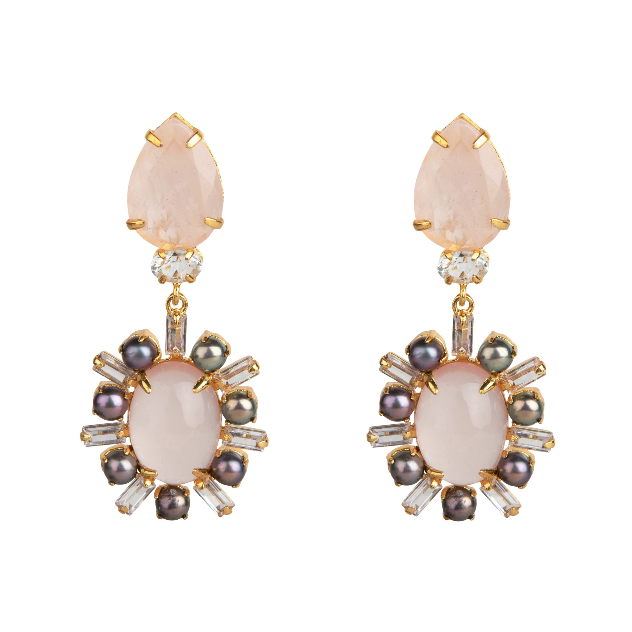 EARRINGS CLEAR QUARTZ AND GREY PEARLS
