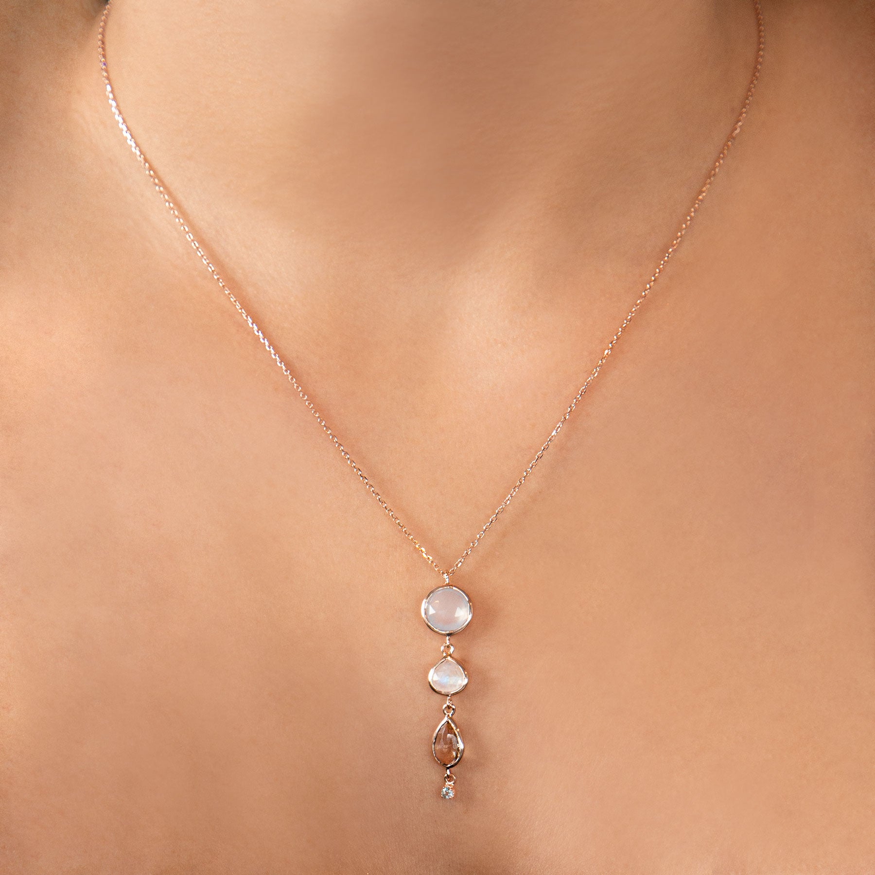 925 ROSE GOLD PLATED MOONSTONE, CHALCEDONY AND SMOKEY QUARZ