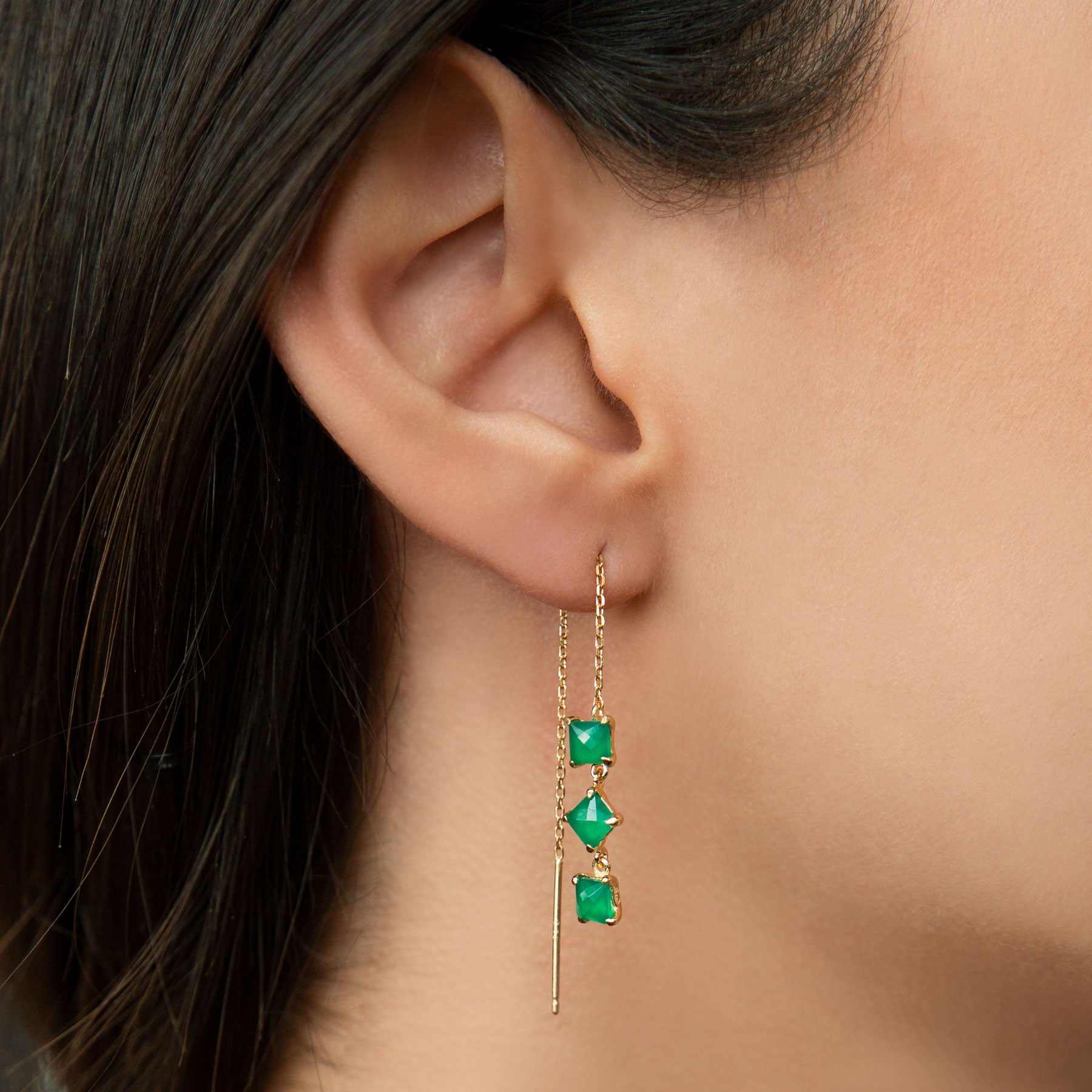 GREEN ONIX EARRINGS WITH CHAIN SET IN 925 SILVER GOLD PLATED