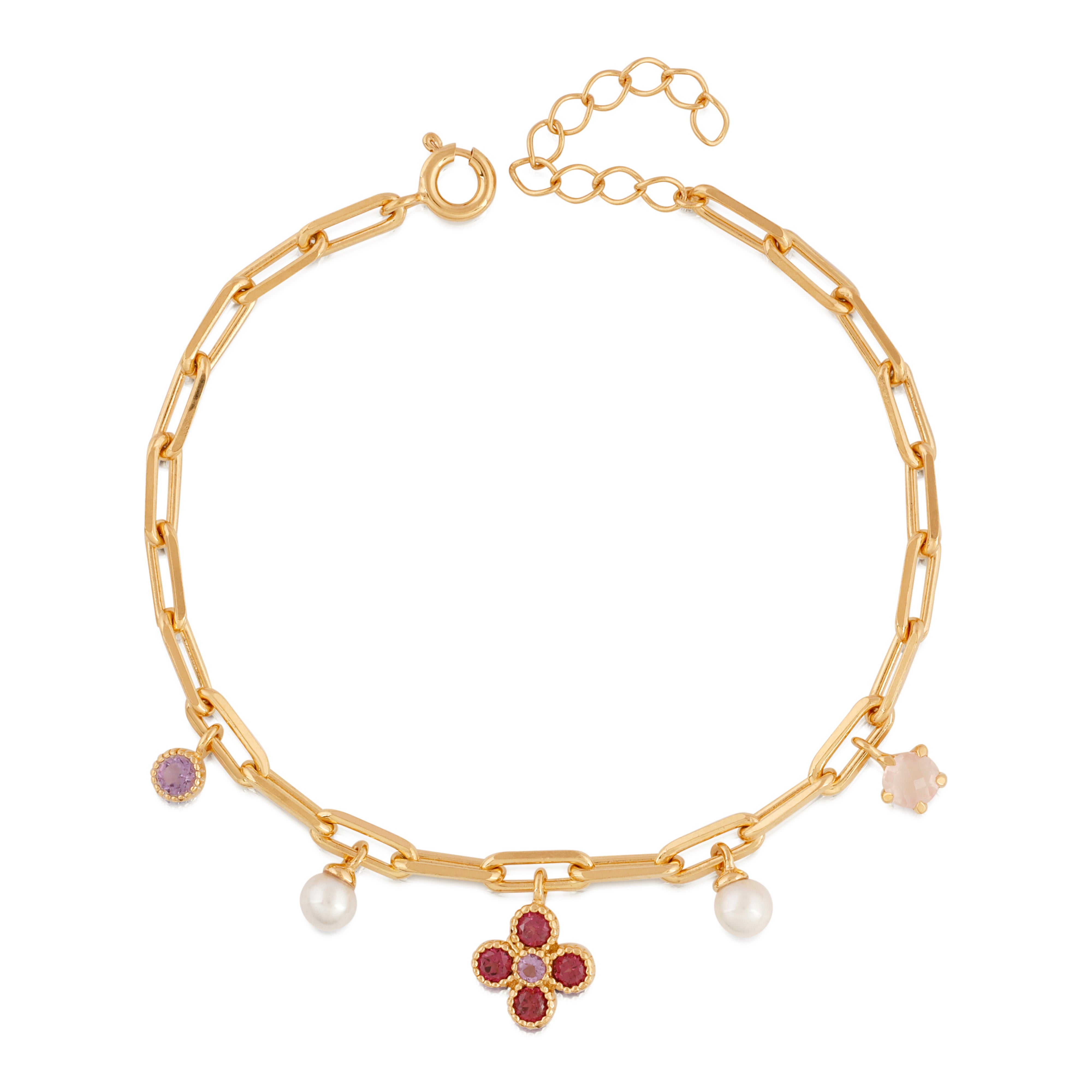925YG MULTI CHARM CLOVER RHODOLITE GARNET PEARL BRACELET