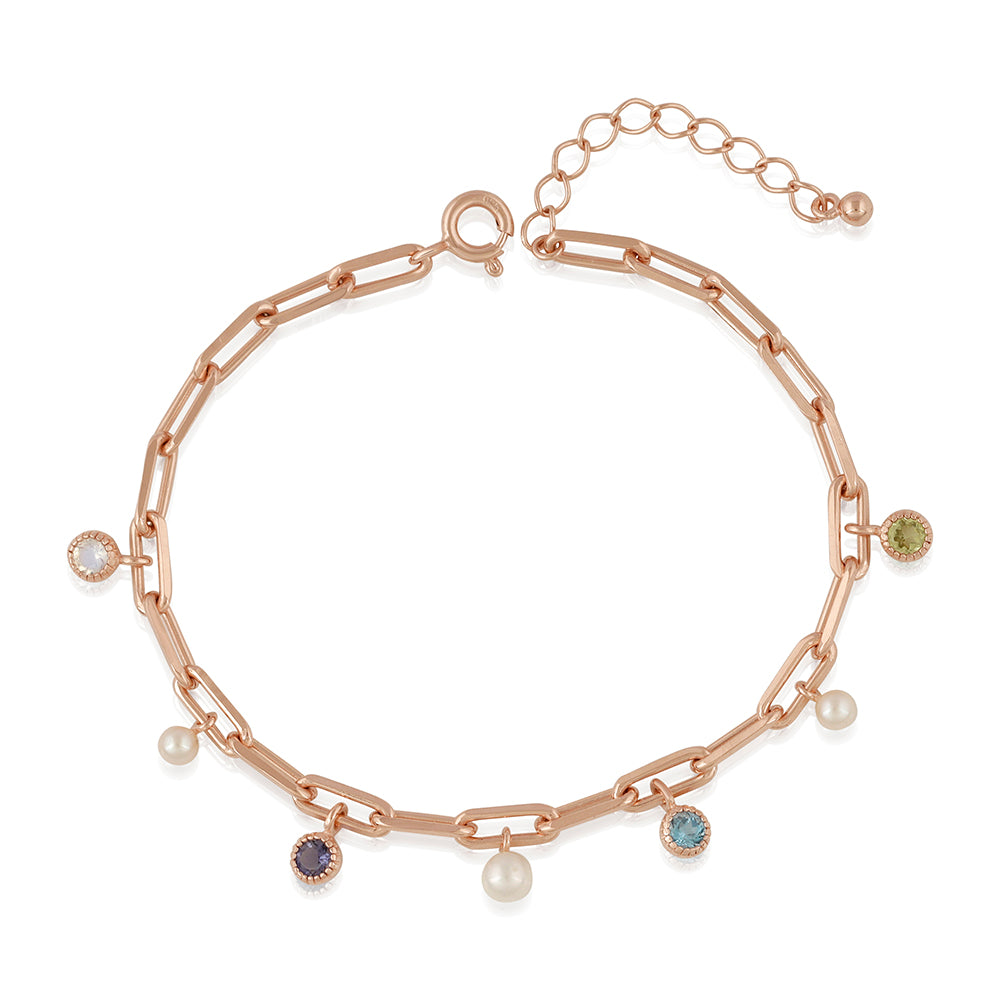 925RG MULTI CHARM BEZEL IOLITE PERIDOT AND PEARL BRACELET