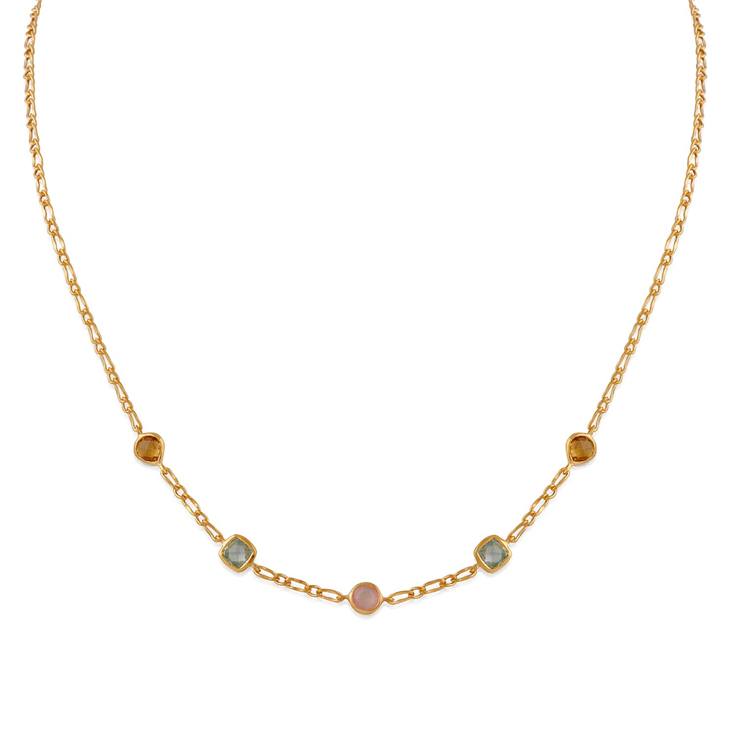 925YG STATION BEZEL CITRINE TOPAZ BLUE ROSE QUARTZ NECKLACE