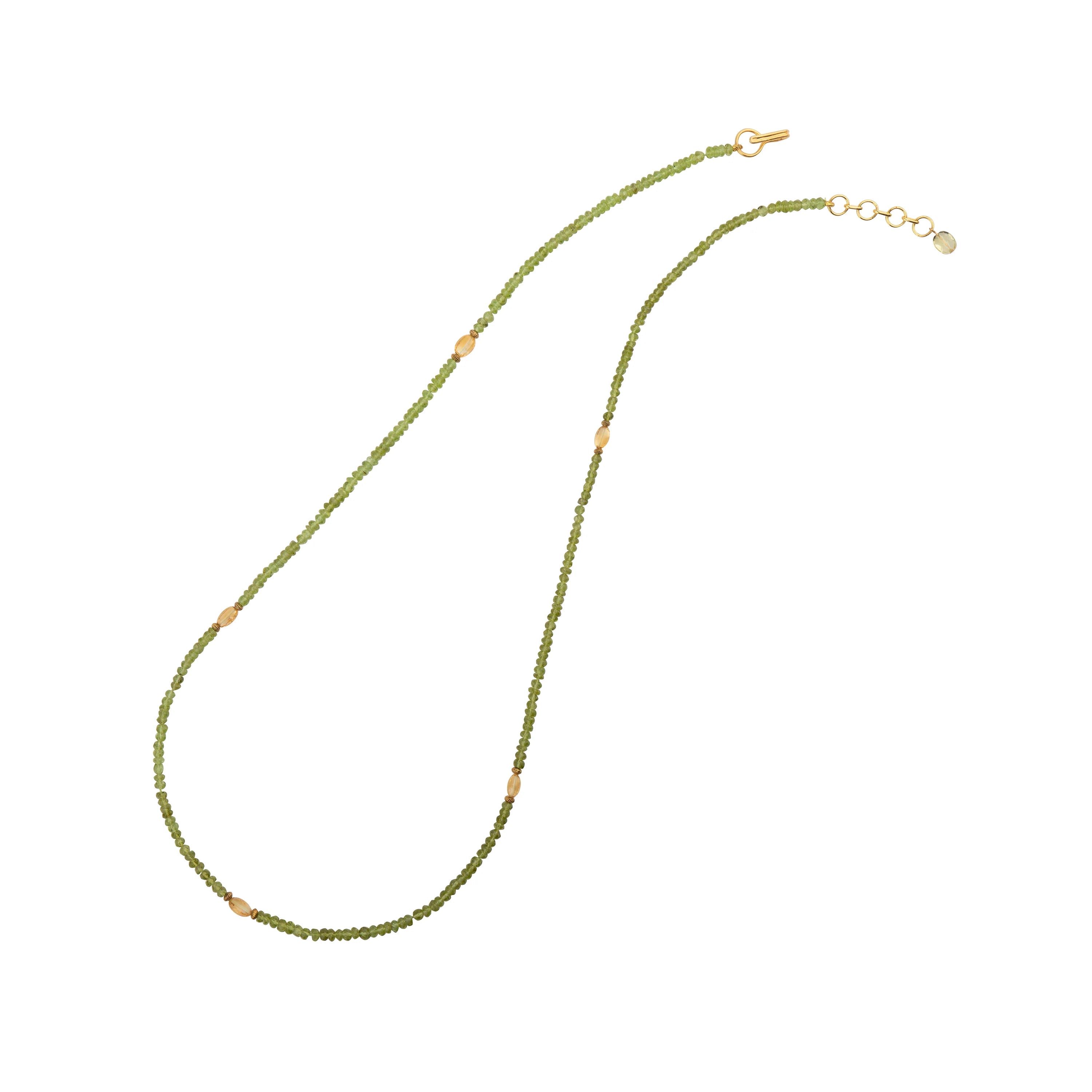 SAUTOIR NECKLACE 32INCH SET WITH 6MM FACTED PERIDOT RONDELLES AND OVAL FACTED CITRINES
