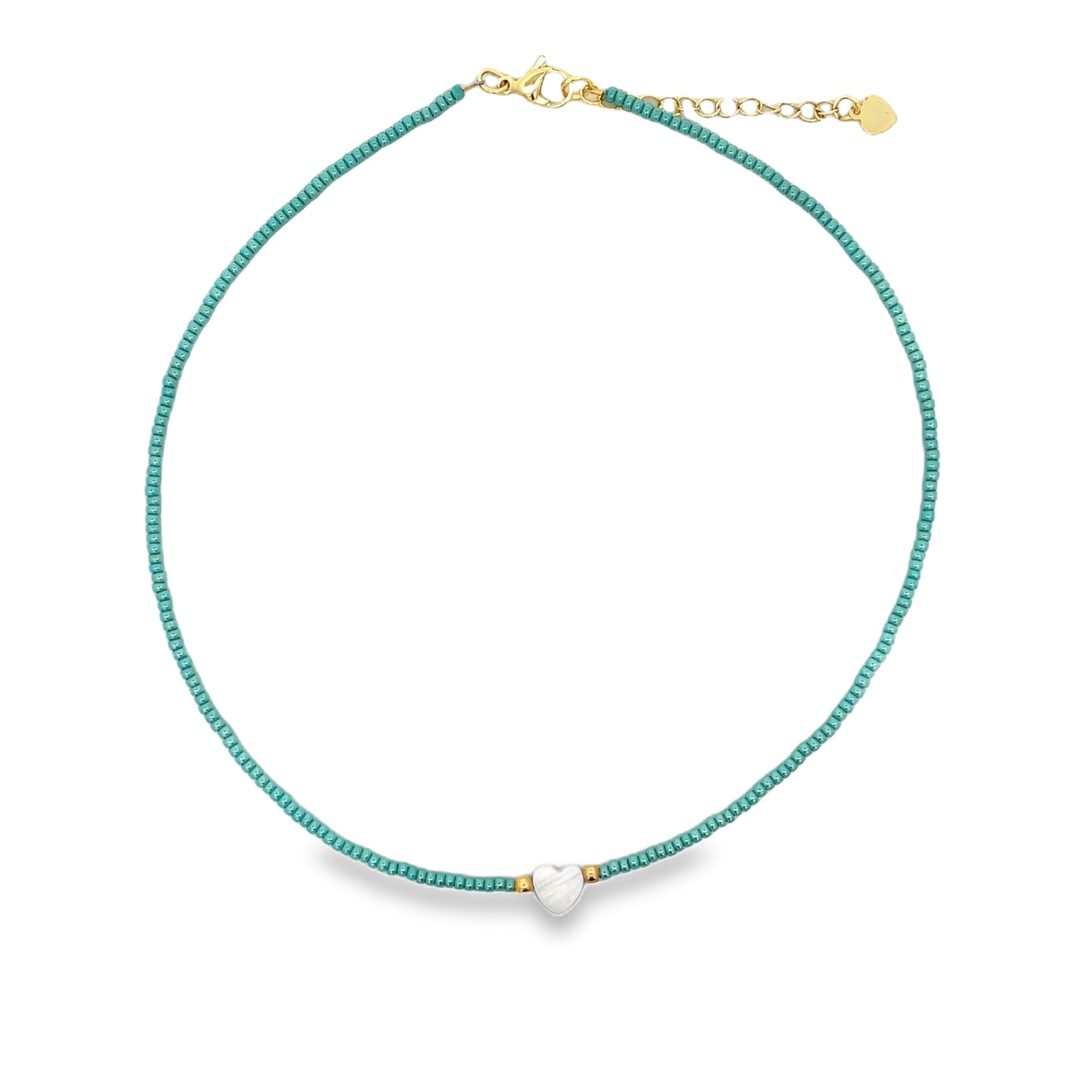 AQUA BEADS CHOKER  WITH MOTHER OF PEARL HEART