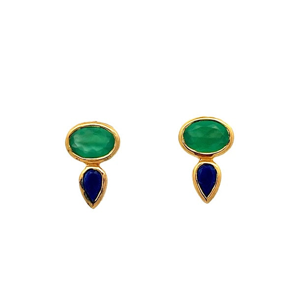 925 GOLD PLATED ONYX GREEN LAPIS LAZULI FACETED OVAL EARRING